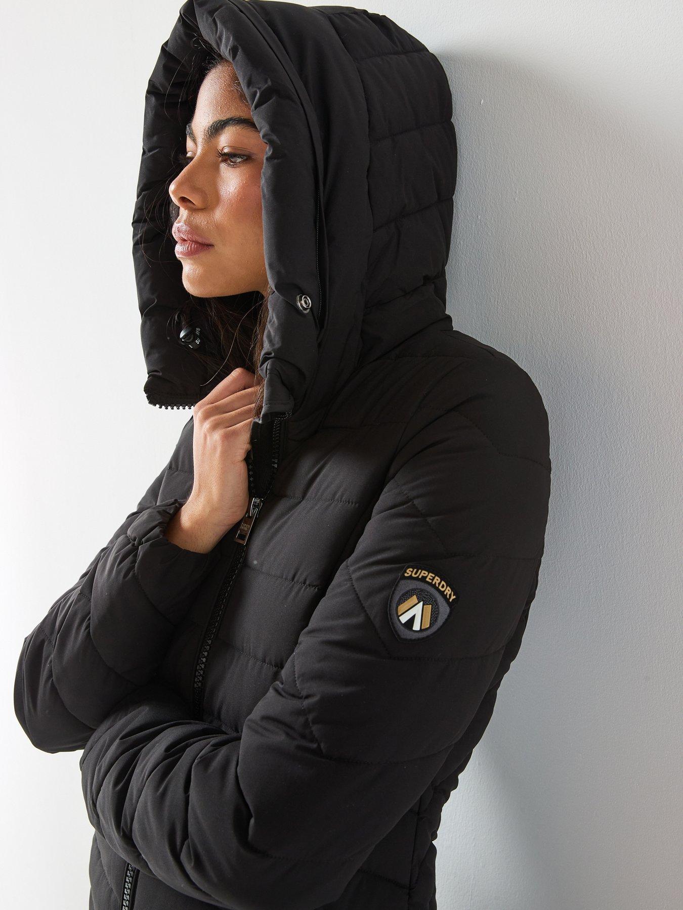  image of superdry-fuji-faux-fur-hooded-longline-padded-coat-black