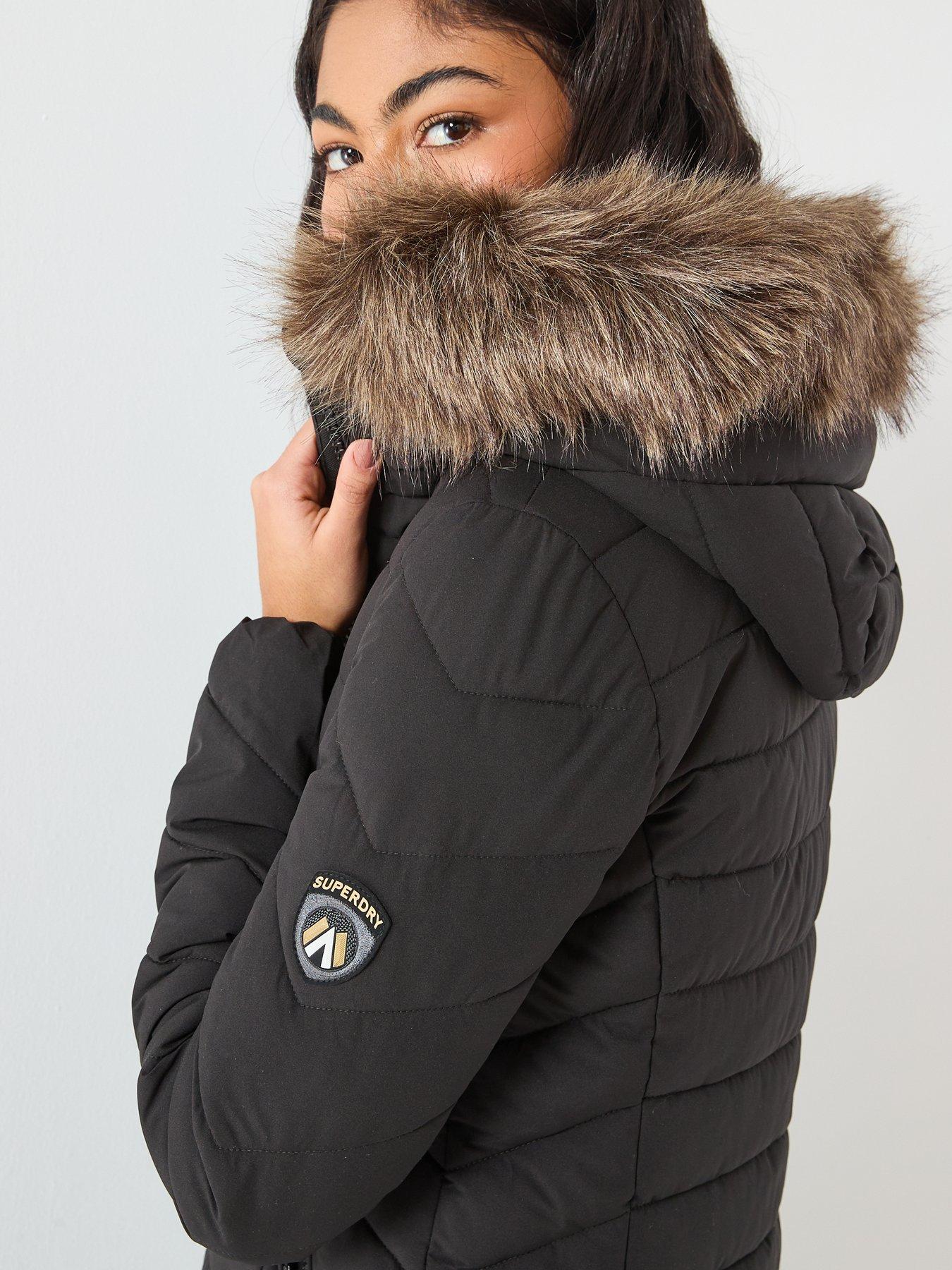  image of superdry-fuji-faux-fur-hooded-longline-padded-coat-black