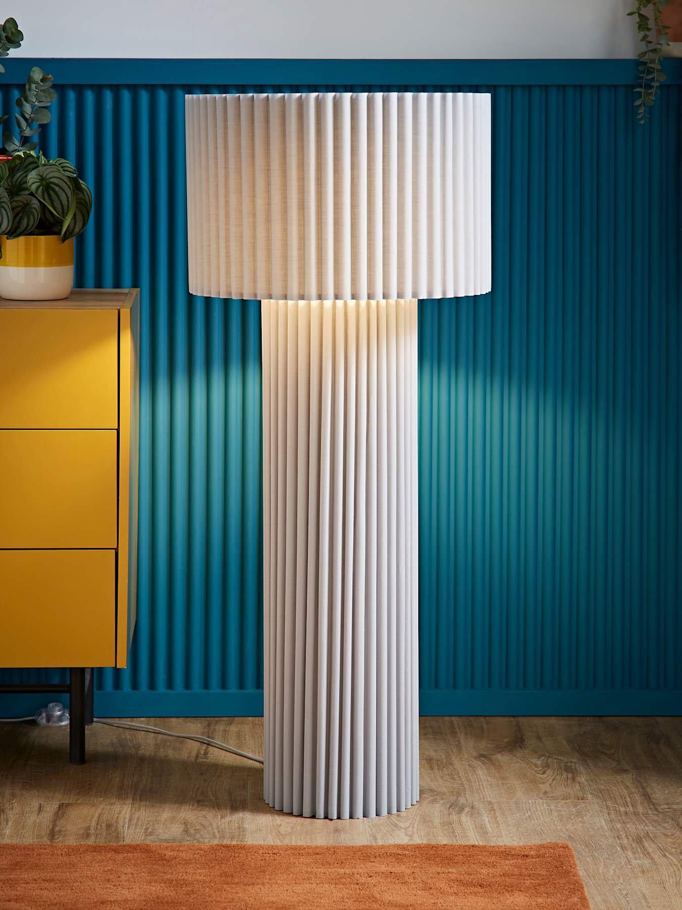 ValueLights Lenny Stone Grey Drum Lamp Shade Colour Drench Ribbed Fabric Midi Floor Lamp