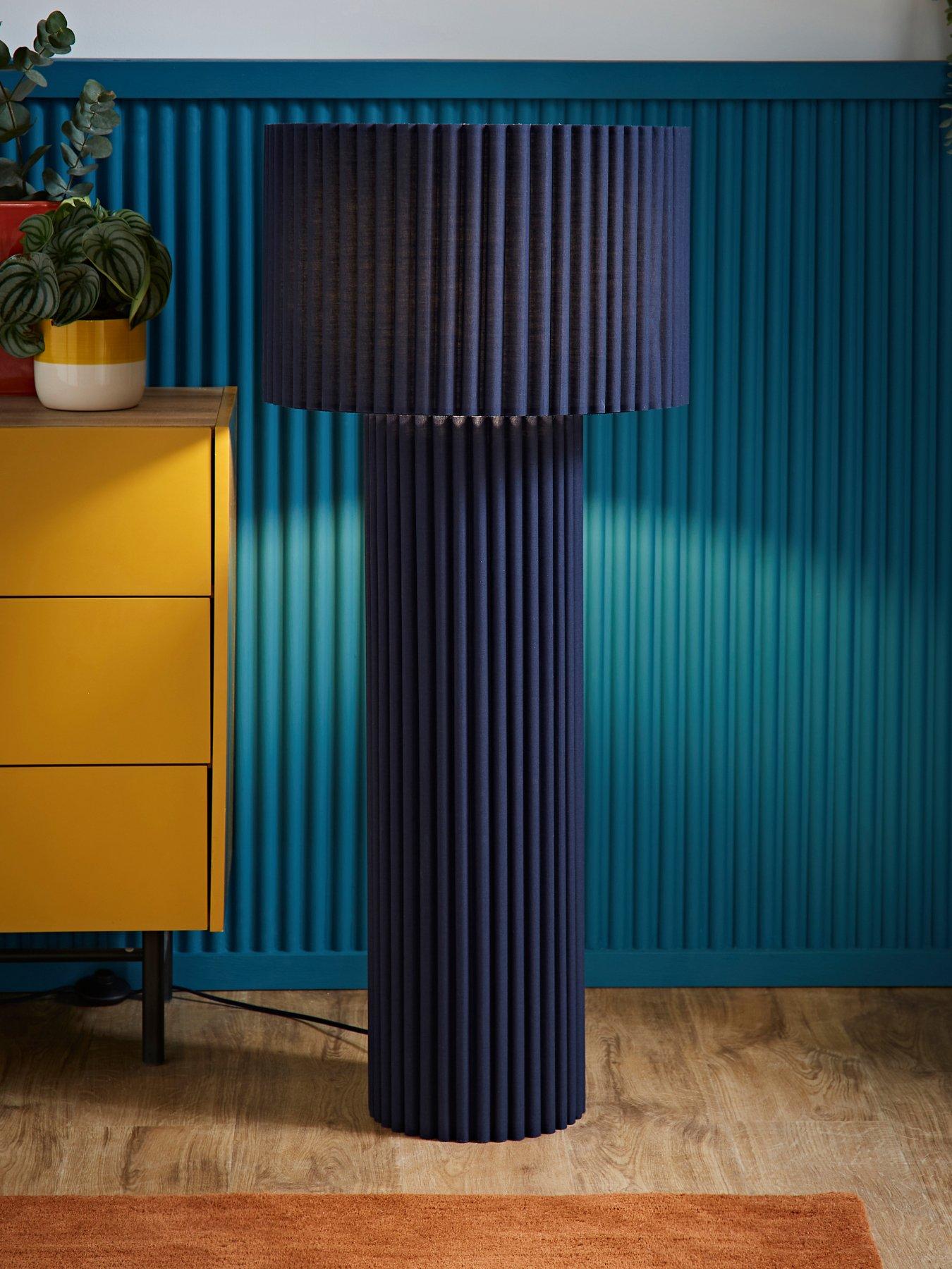 undefined Lenny Navy Blue Drum Lamp Shade Colour Drench Ribbed Fabric Midi Floor Lamp