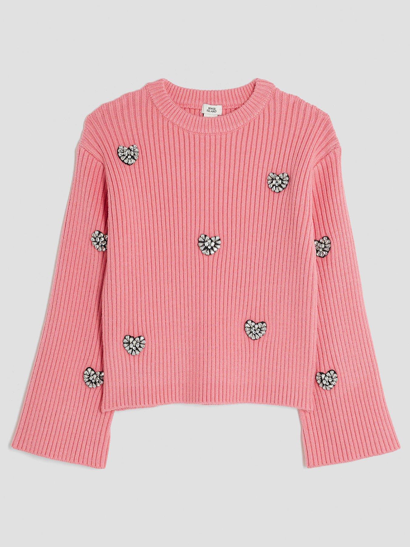 River Island Older Girls Embellished Heart Jumper - Light Pink