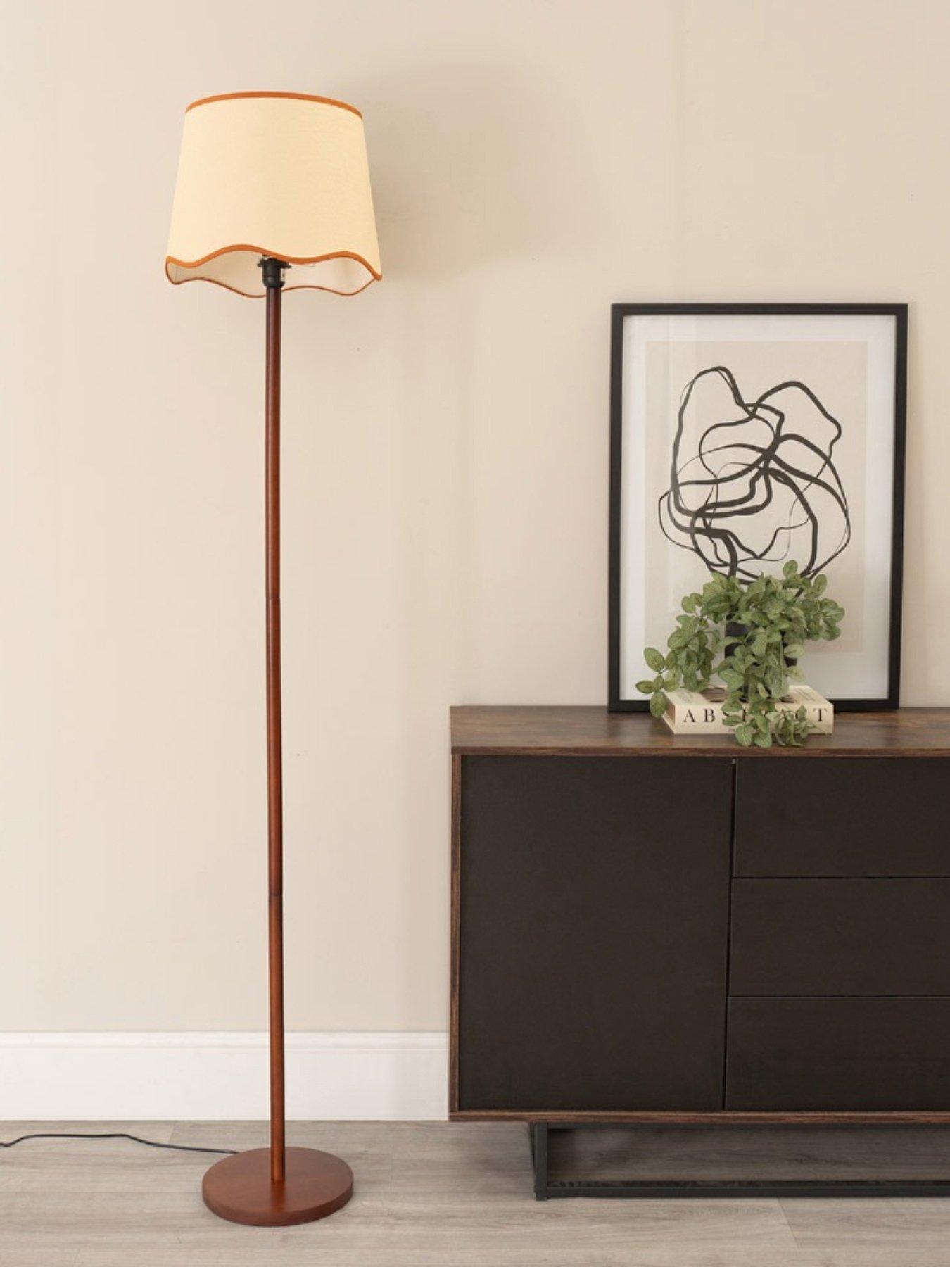 ValueLights Heather Dark Wood Wooden Stem Floor Lamp With Scallop Bottom Shade With Rust Trim