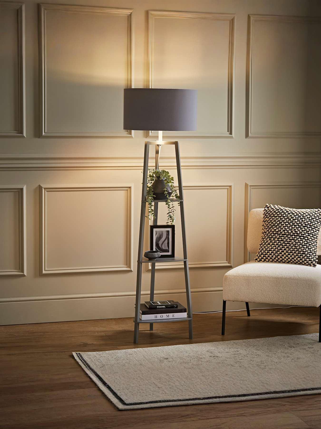 undefined Hiru Grey 3 Tier Shelf Wooden Floor Lamp + Reni Xl Ne Pendant Drum Shade Grey & Chrome Inner