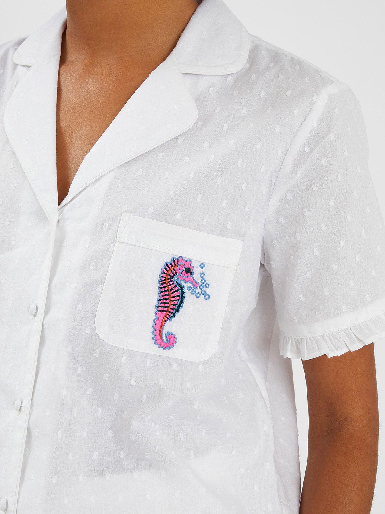 Image 4 of 4 of Accessorize Seahorse Print Short Pyjamas Set - White