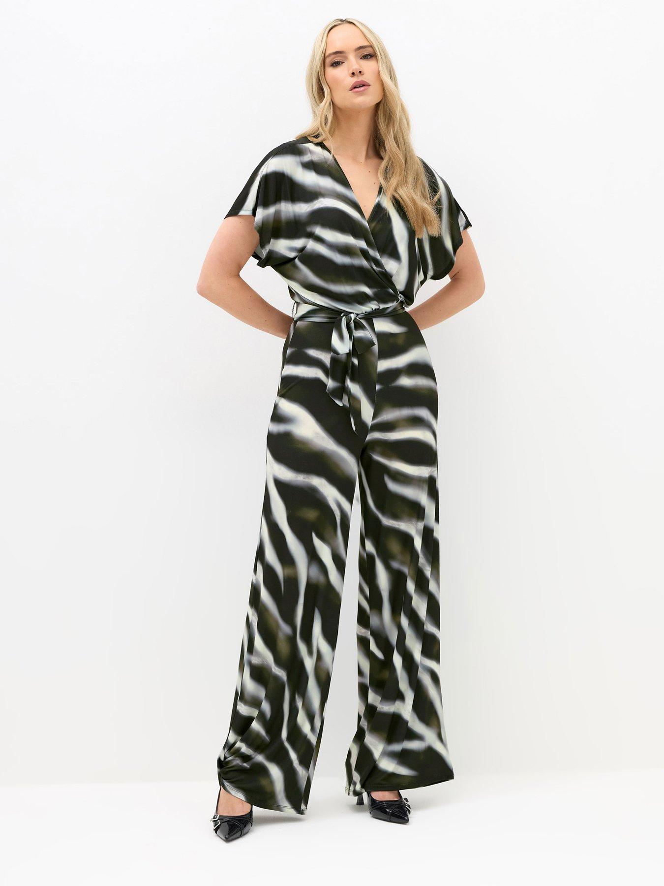 undefined Zebra Floral Wrap Jumpsuit - Black