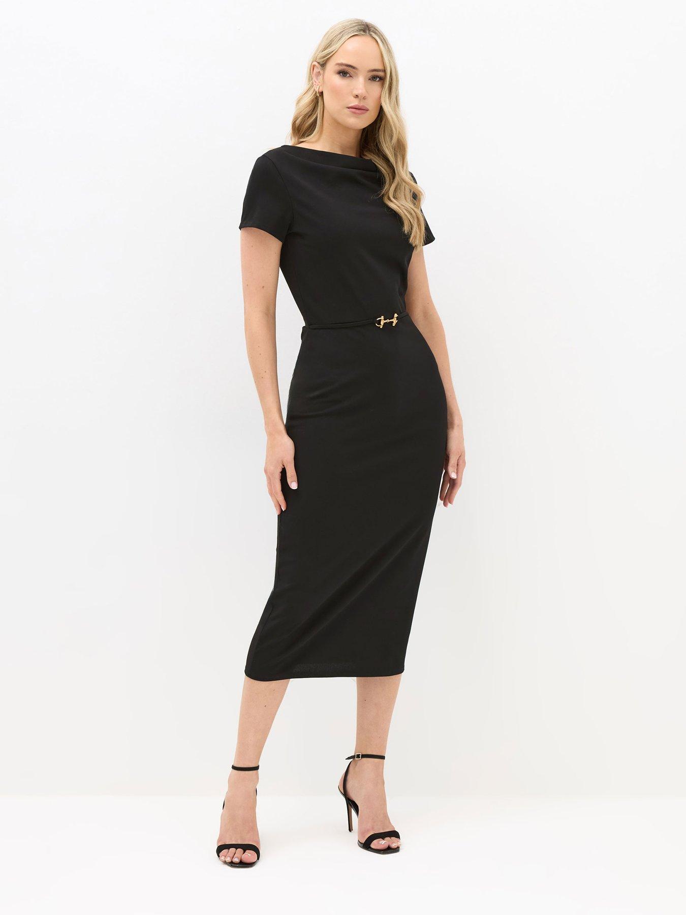 Image 1 of 4 of Long Tall Sally Belted Slash Neck Dress - Black