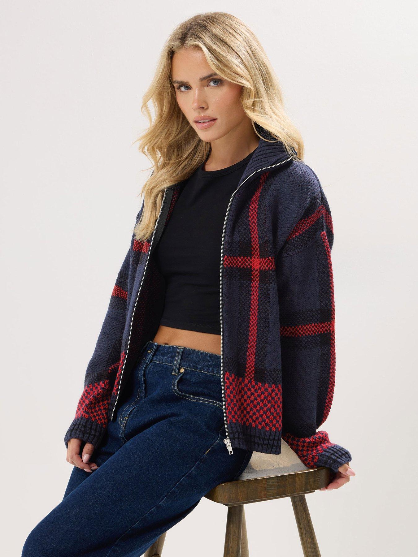 Image 1 of 5 of PixieGirl Petite Check Zip Thru Cardigan - Blue