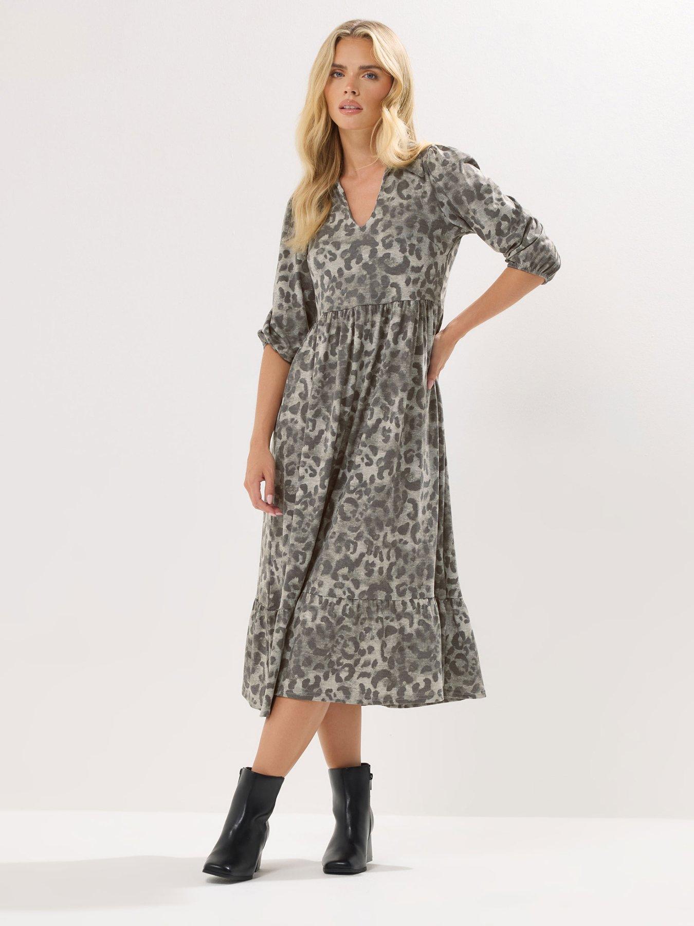 undefined Petite Animal Collar Short Sleeve Midi Dress - Grey