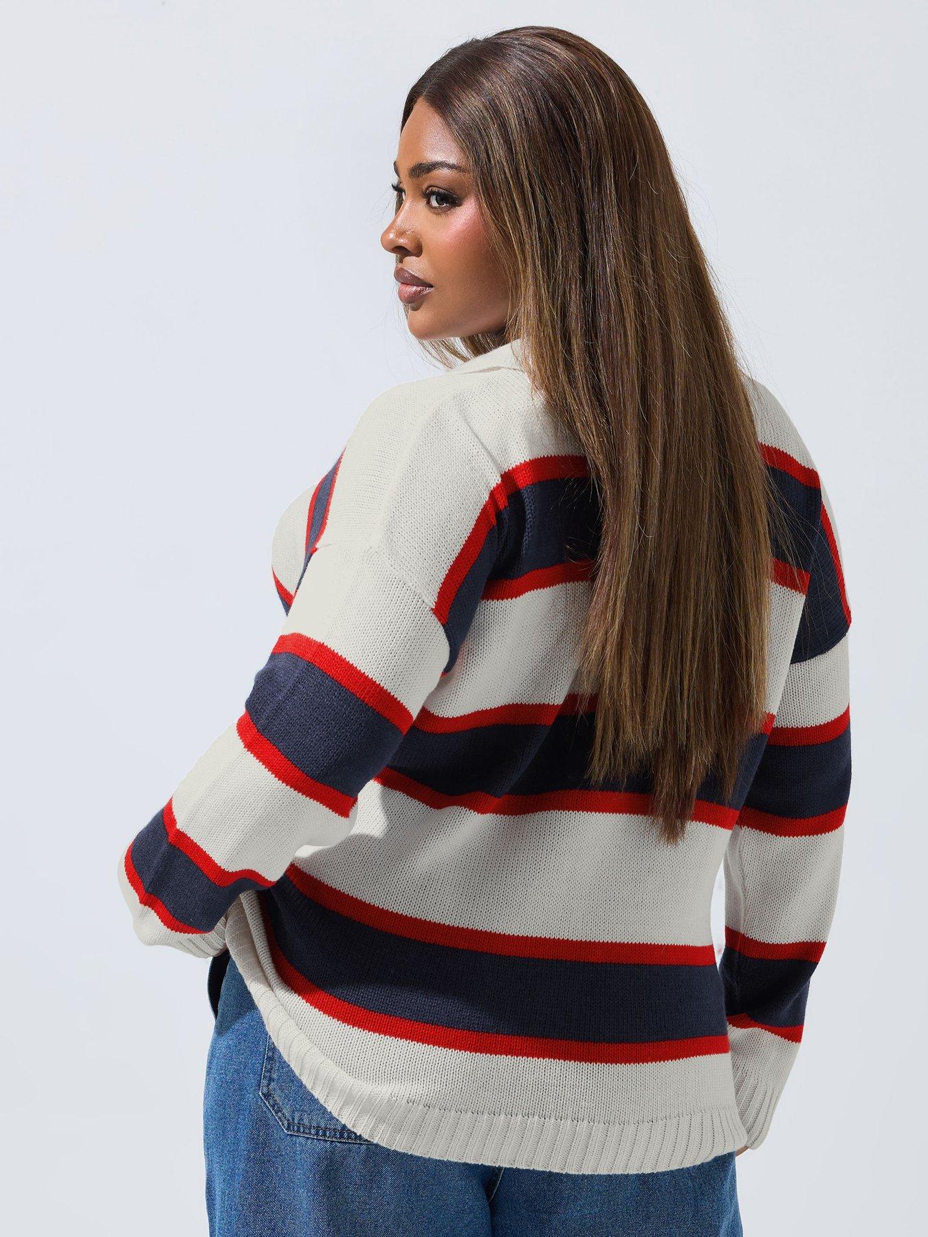 Image 2 of 4 of Yours Curve Stripe Button Knitted Jumper - White