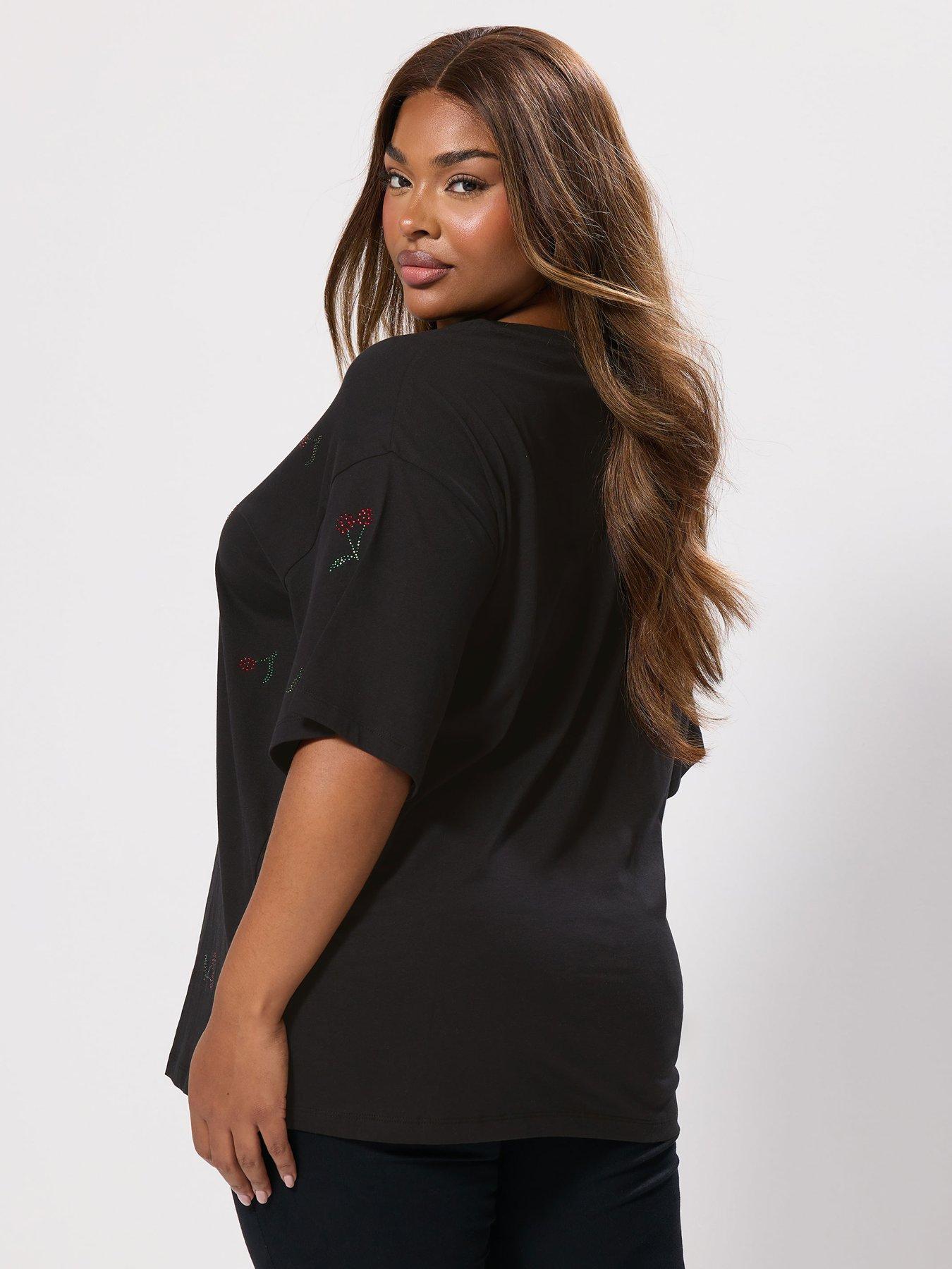 Image 2 of 4 of Yours Curve Oversized Cherry T-Shirt - Black