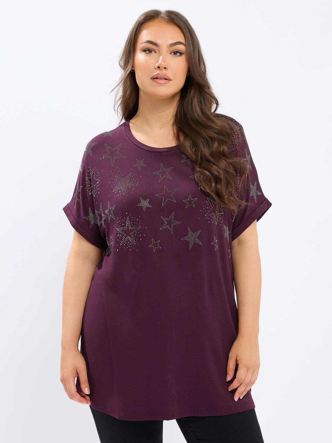 Image 1 of 4 of Yours Curve Star Stud Embellishment T-Shirt - Purple