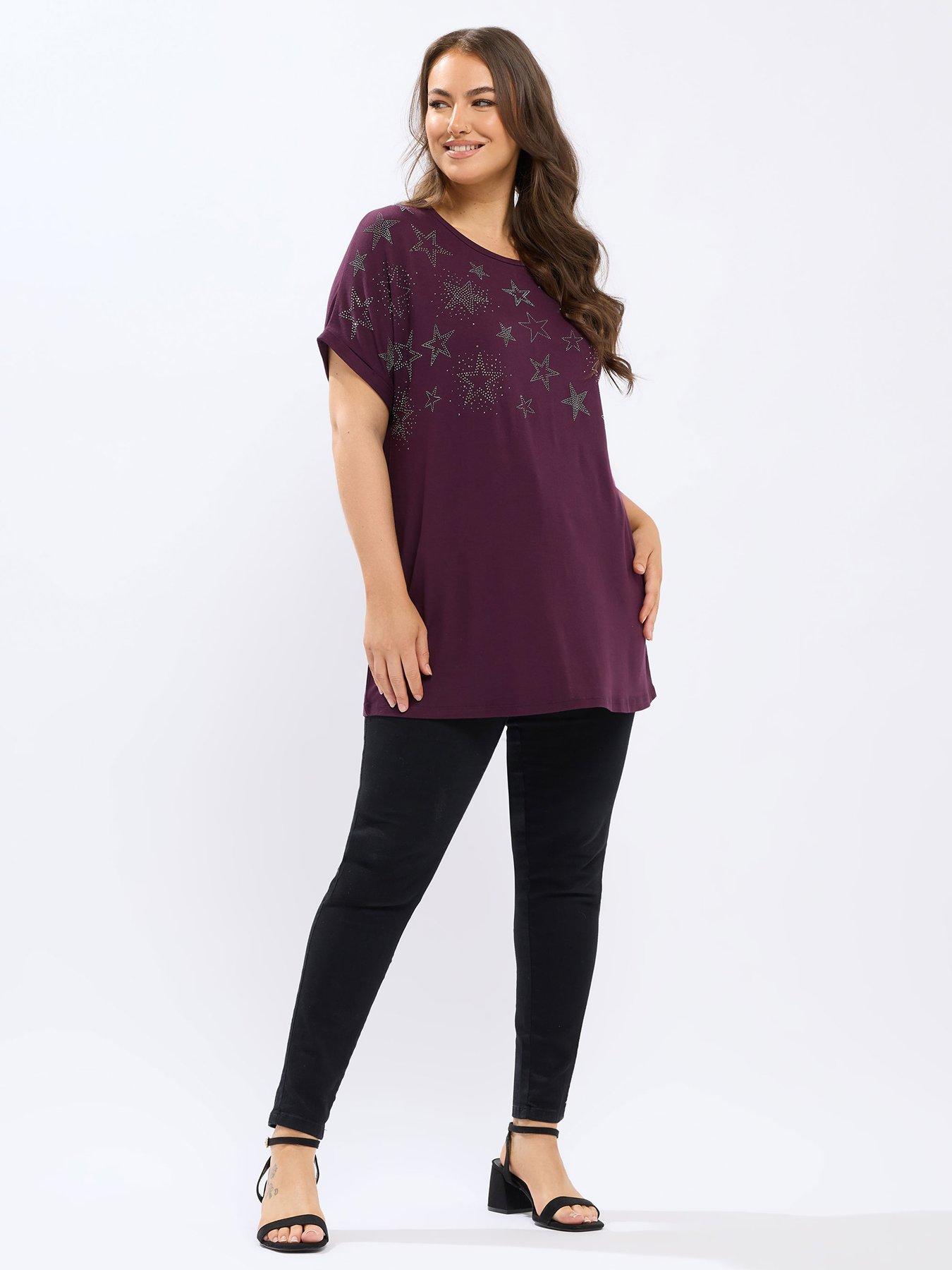 Image 3 of 4 of Yours Curve Star Stud Embellishment T-Shirt - Purple