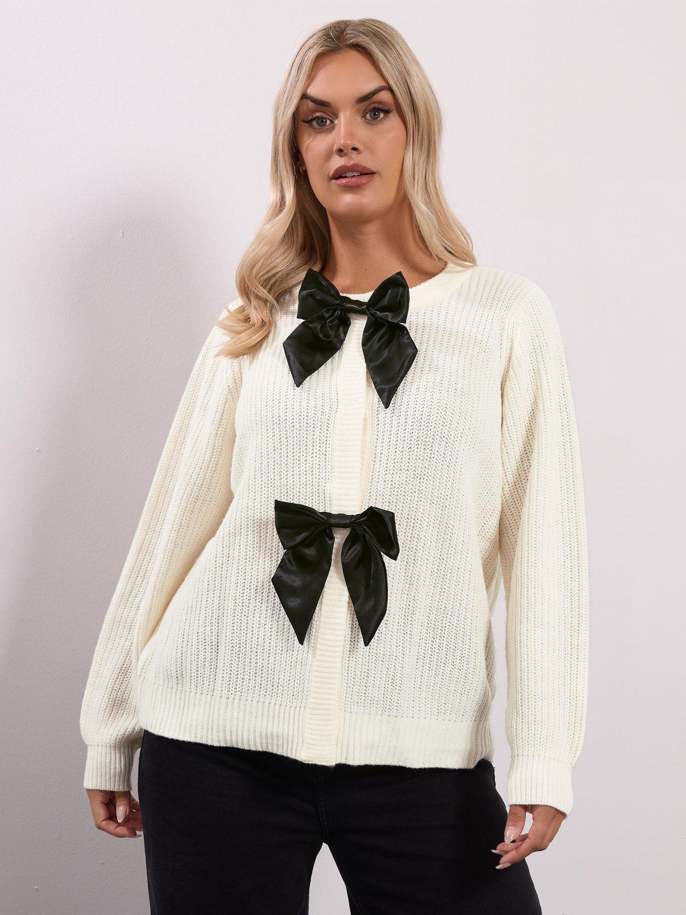 undefined Curve Satin Bow Cardigan - Ivory