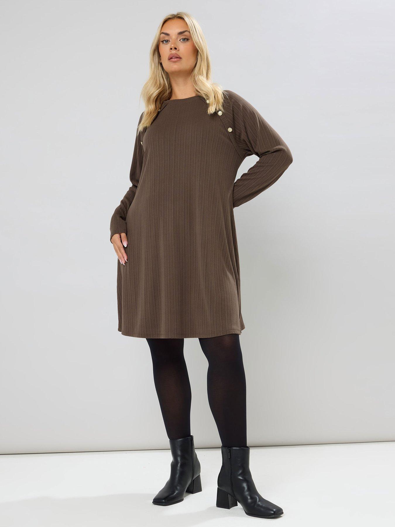 Image 3 of 4 of Yours Curve Military Rib Tunic Dress - Brown