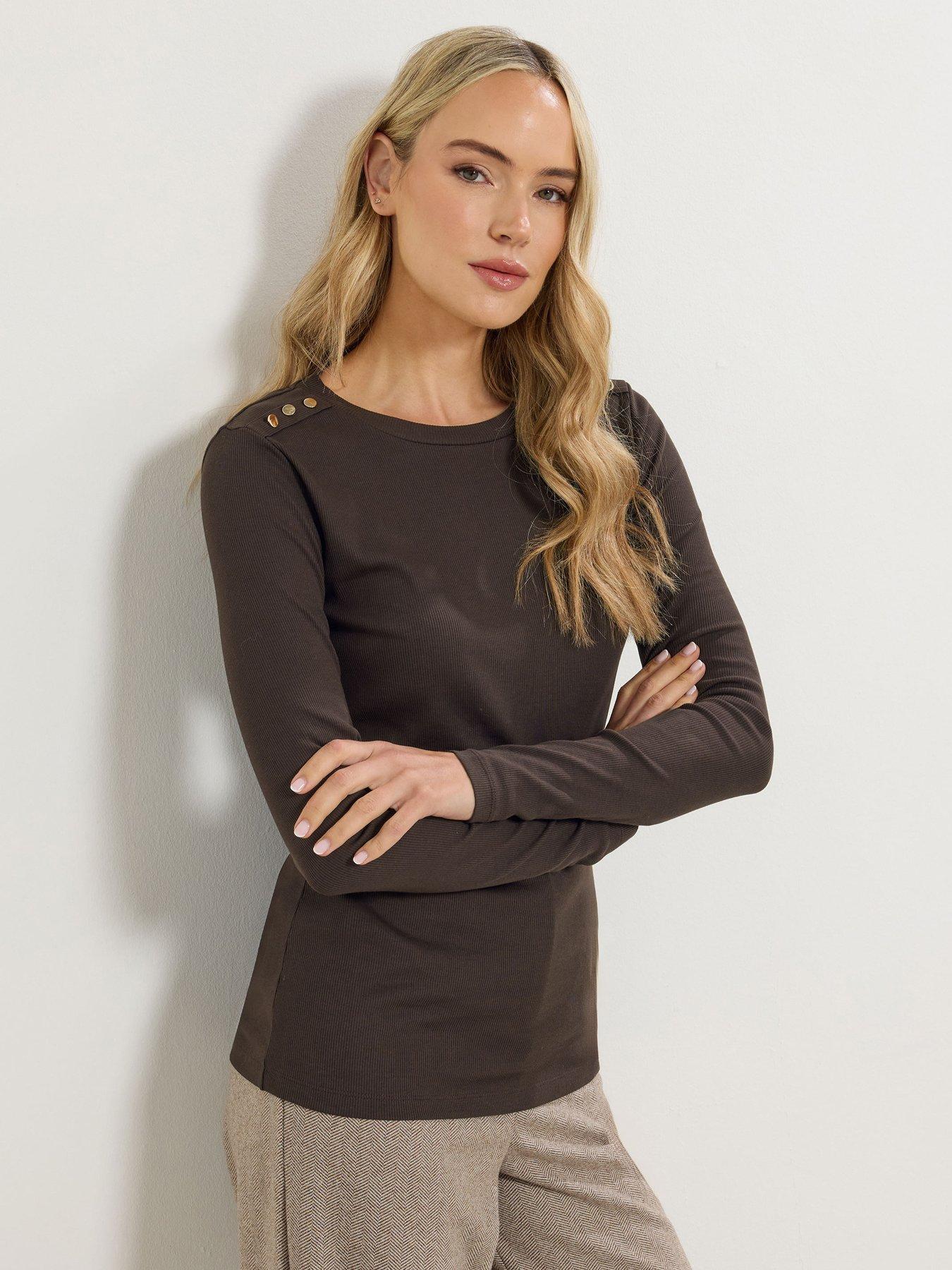 undefined Button Rib T-Shirt - Brown