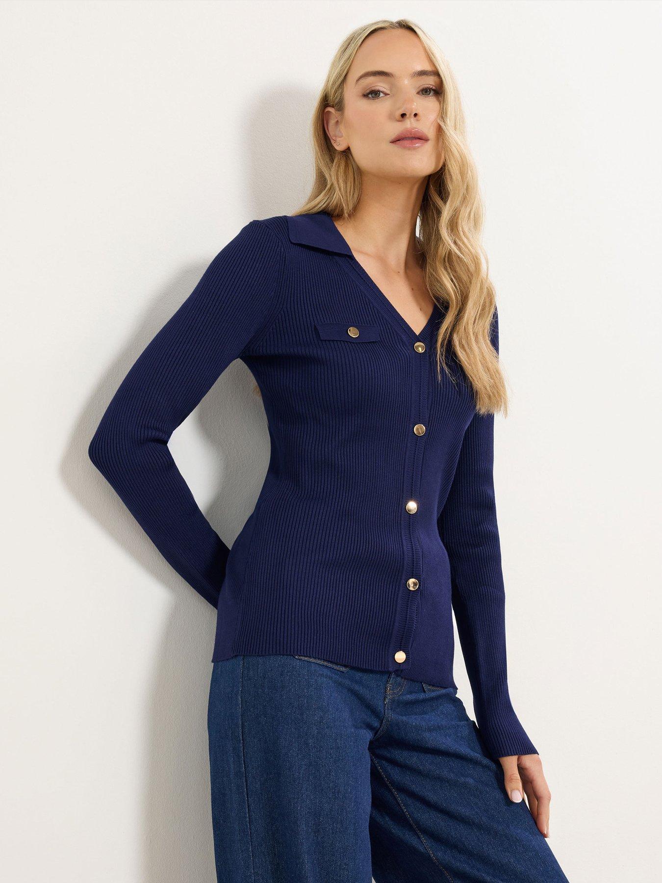 undefined Button Detail Collar Rib Top - Blue
