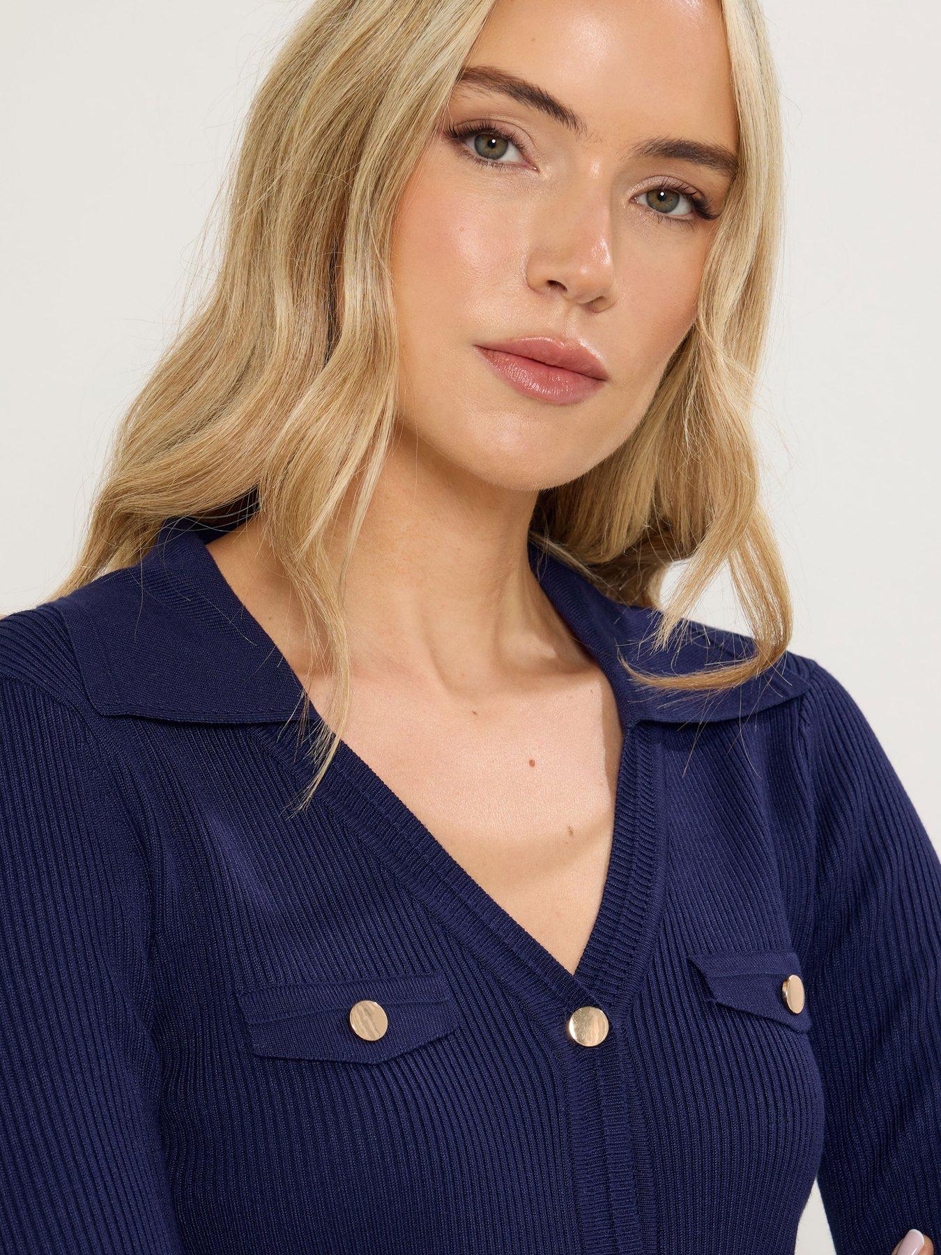 Image 4 of 4 of Long Tall Sally Button Detail Collar Rib Top - Blue