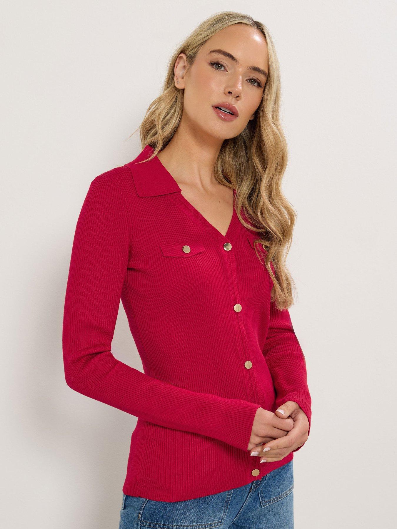 Image 1 of 4 of Long Tall Sally Button Detail Collar Rib Top - Red