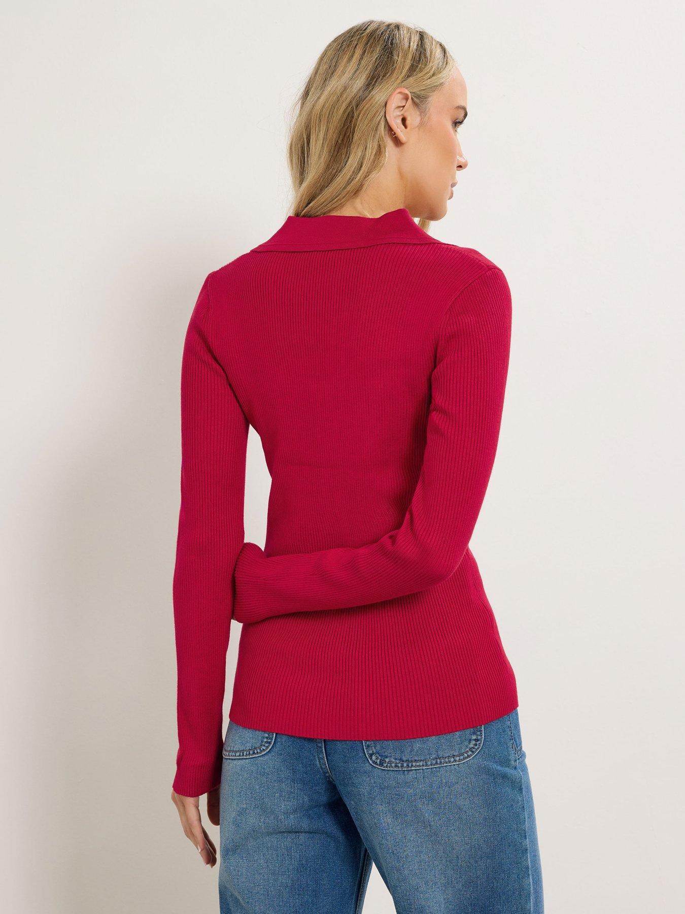 Image 2 of 4 of Long Tall Sally Button Detail Collar Rib Top - Red