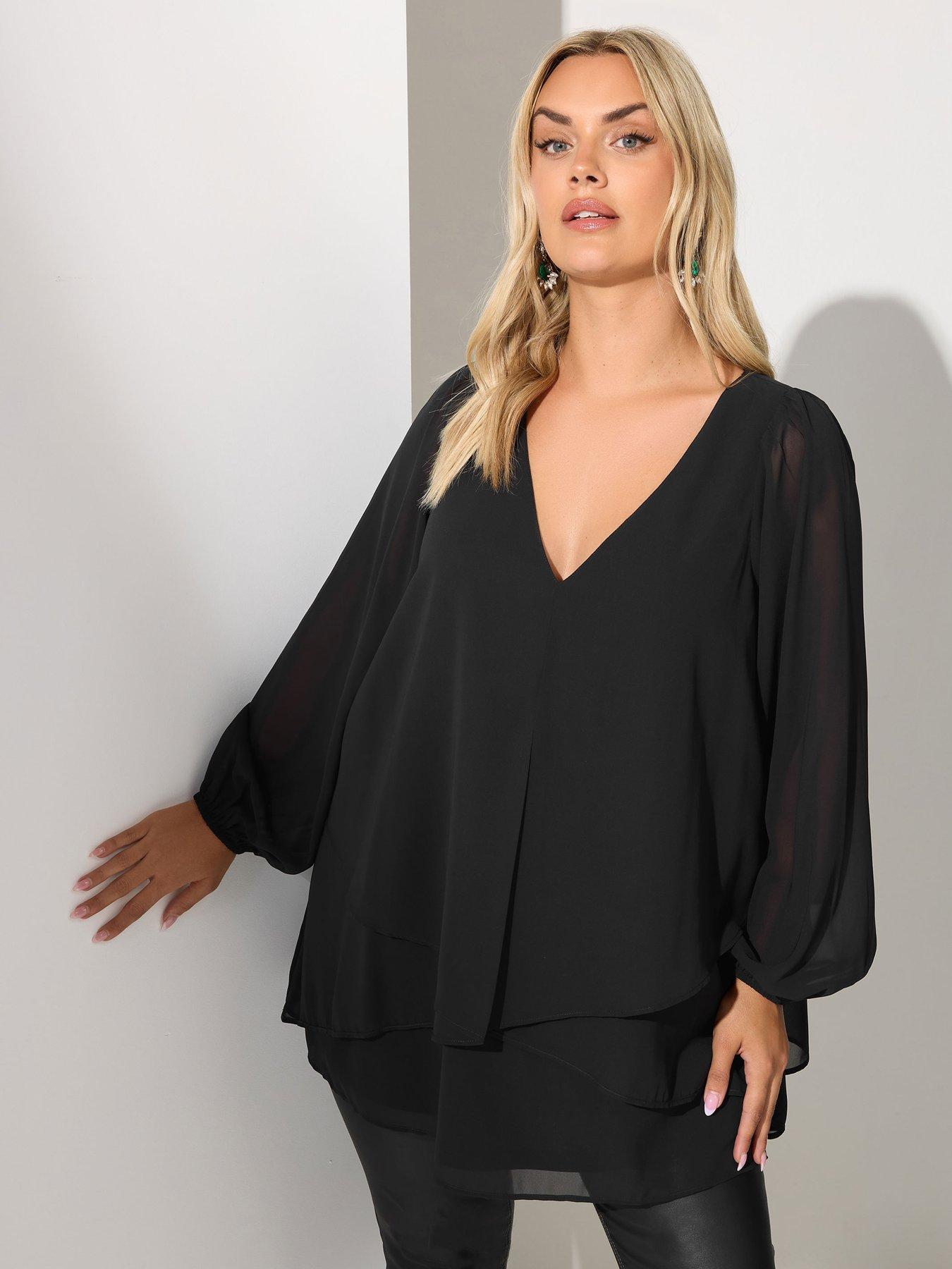undefined Curve Long Sleeve Layered Blouse - Black