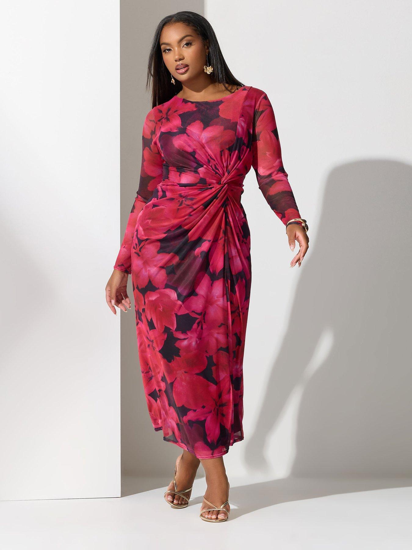 undefined Curve Floral Side Knot Dress - Pink