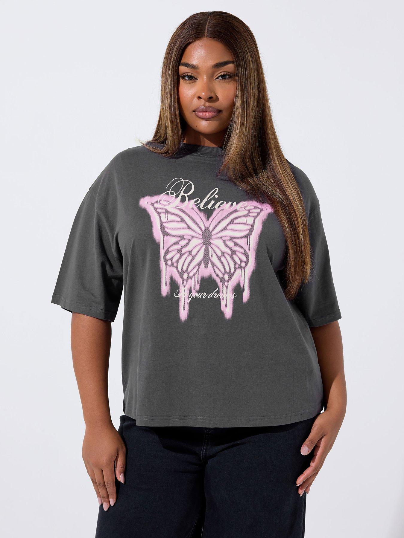 undefined Curve Butterfly Believe T-Shirt - Grey