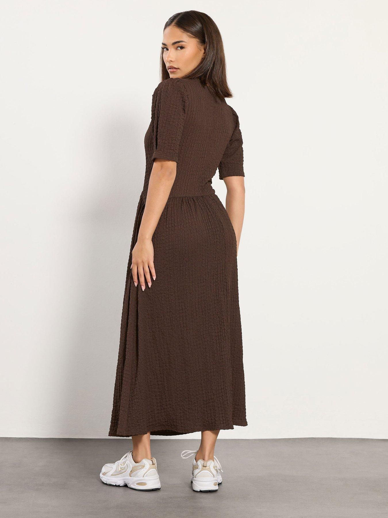 Image 2 of 4 of PixieGirl Petite Textured Midi Dress - Brown