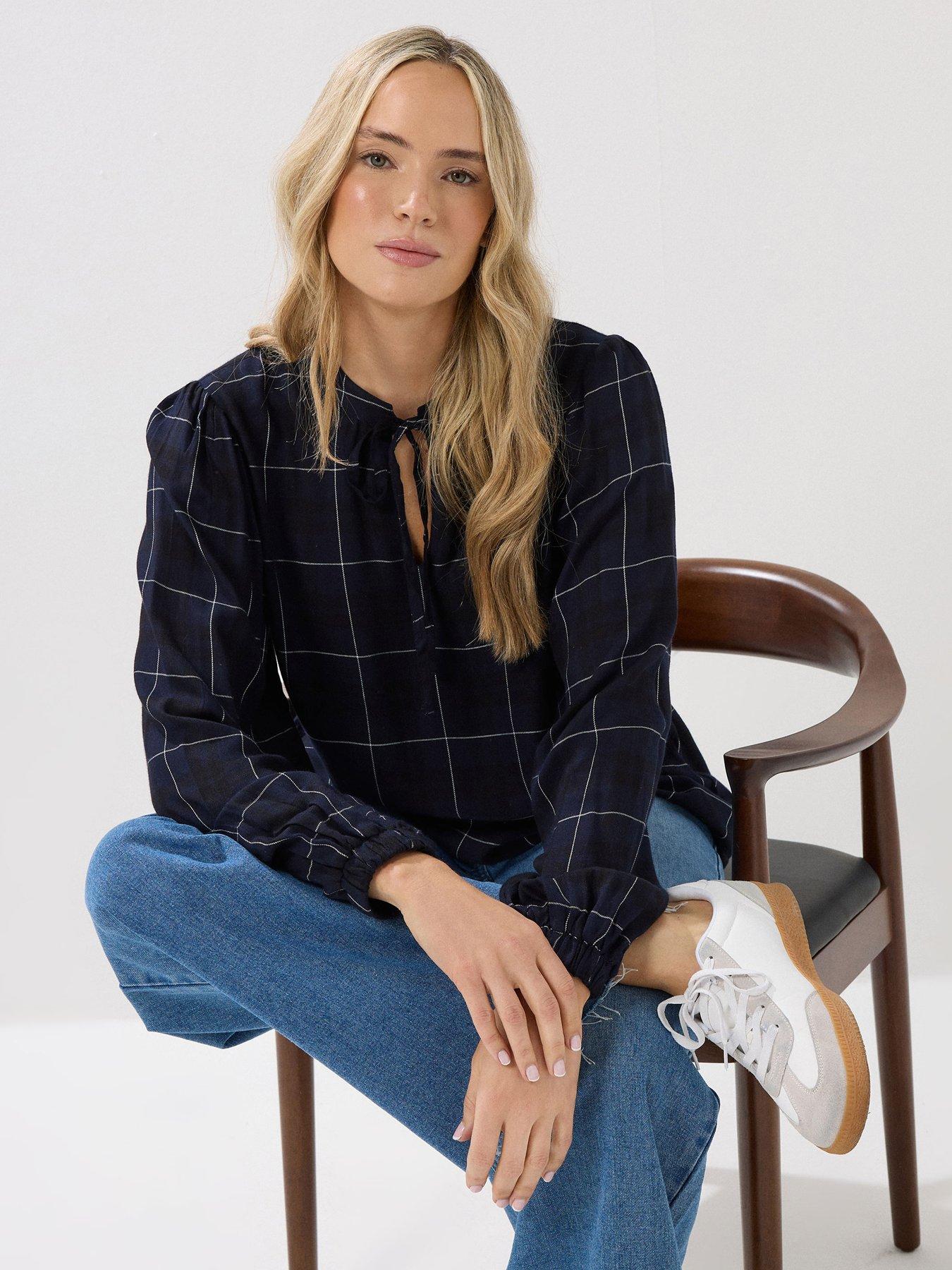 Long Tall Sally Check Balloon Sleeve Blouse - Blue