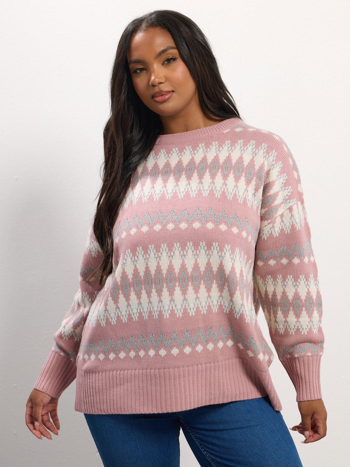 Yours Curve Metallic Fairisle Jumper - Pink