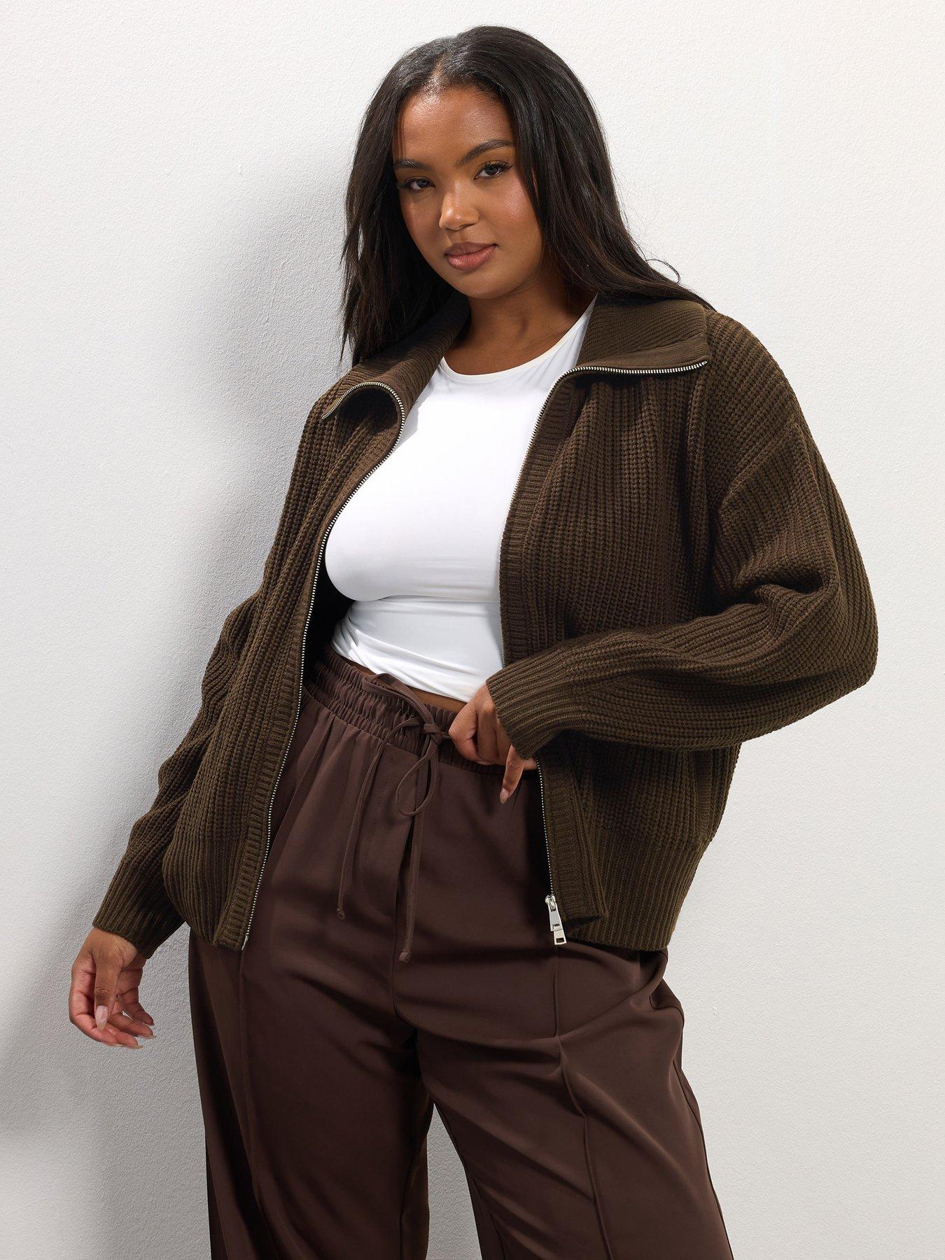 Yours Curve Funnel Neck Collar Bomber Cardigan - Brown