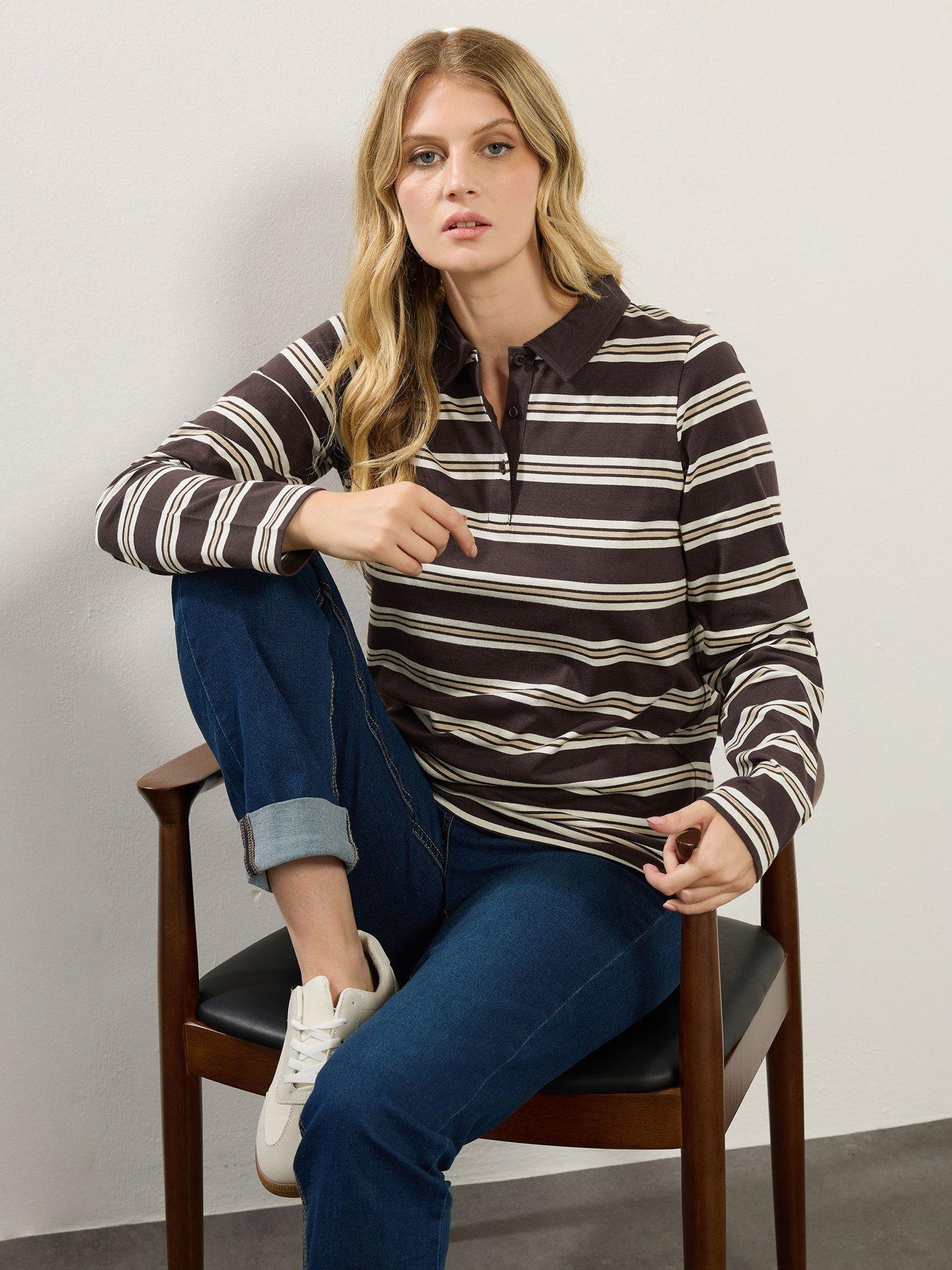 undefined Stripe Jersey Polo Top - Brown