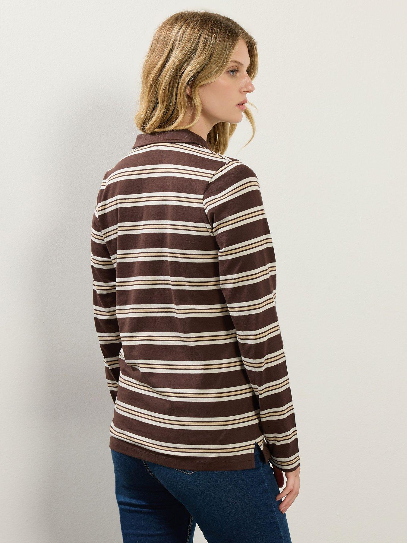 Image 2 of 4 of Long Tall Sally Stripe Jersey Polo Top - Brown