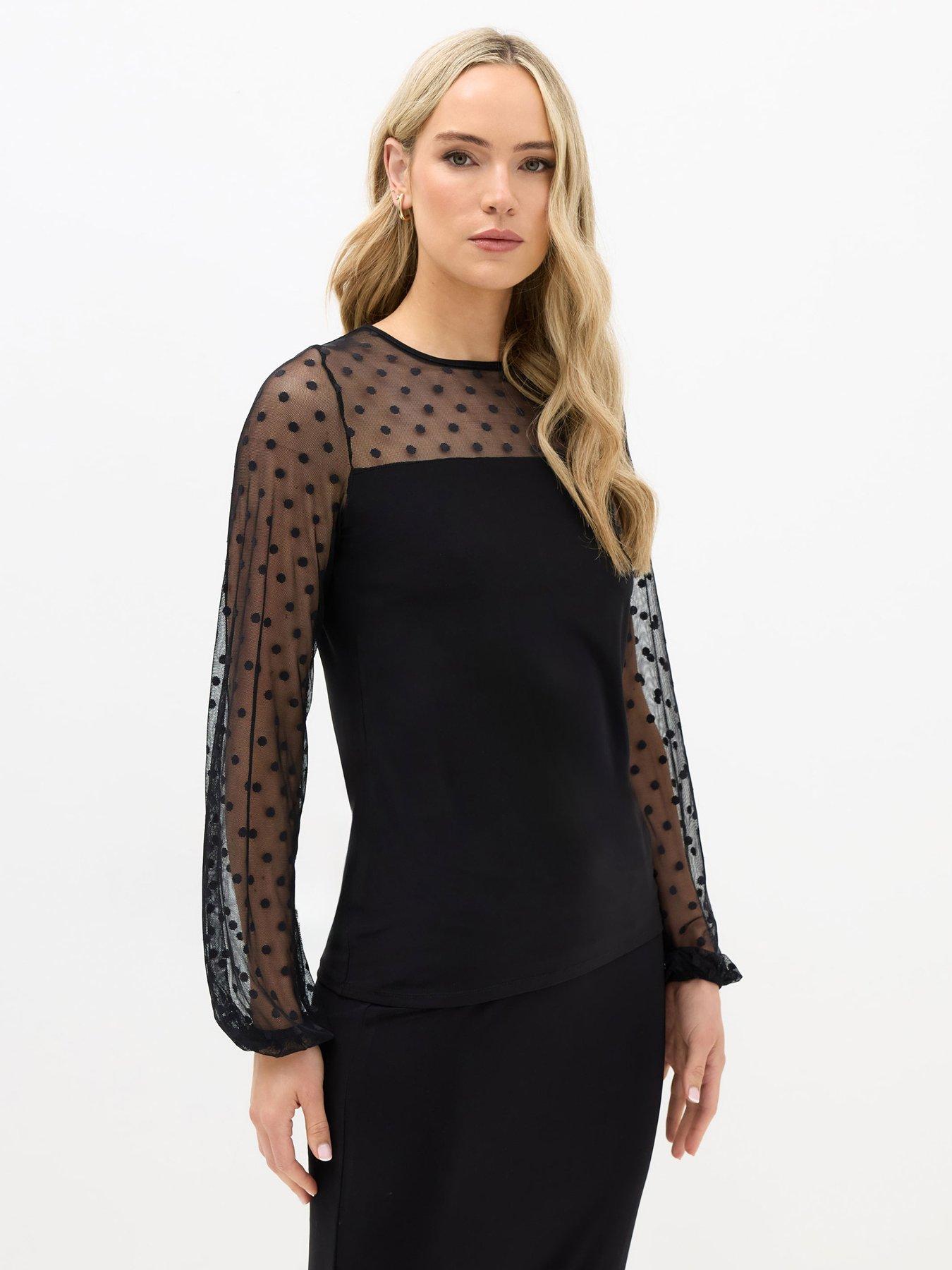 undefined Spot Mesh Sleeve Yoke Top - Black