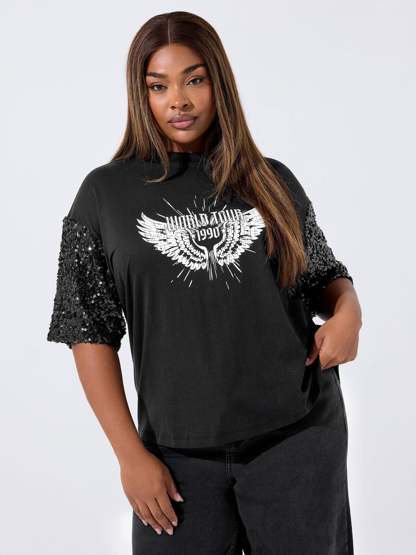 undefined Curve Sequin Sleeve Graphic T-Shirt - Black