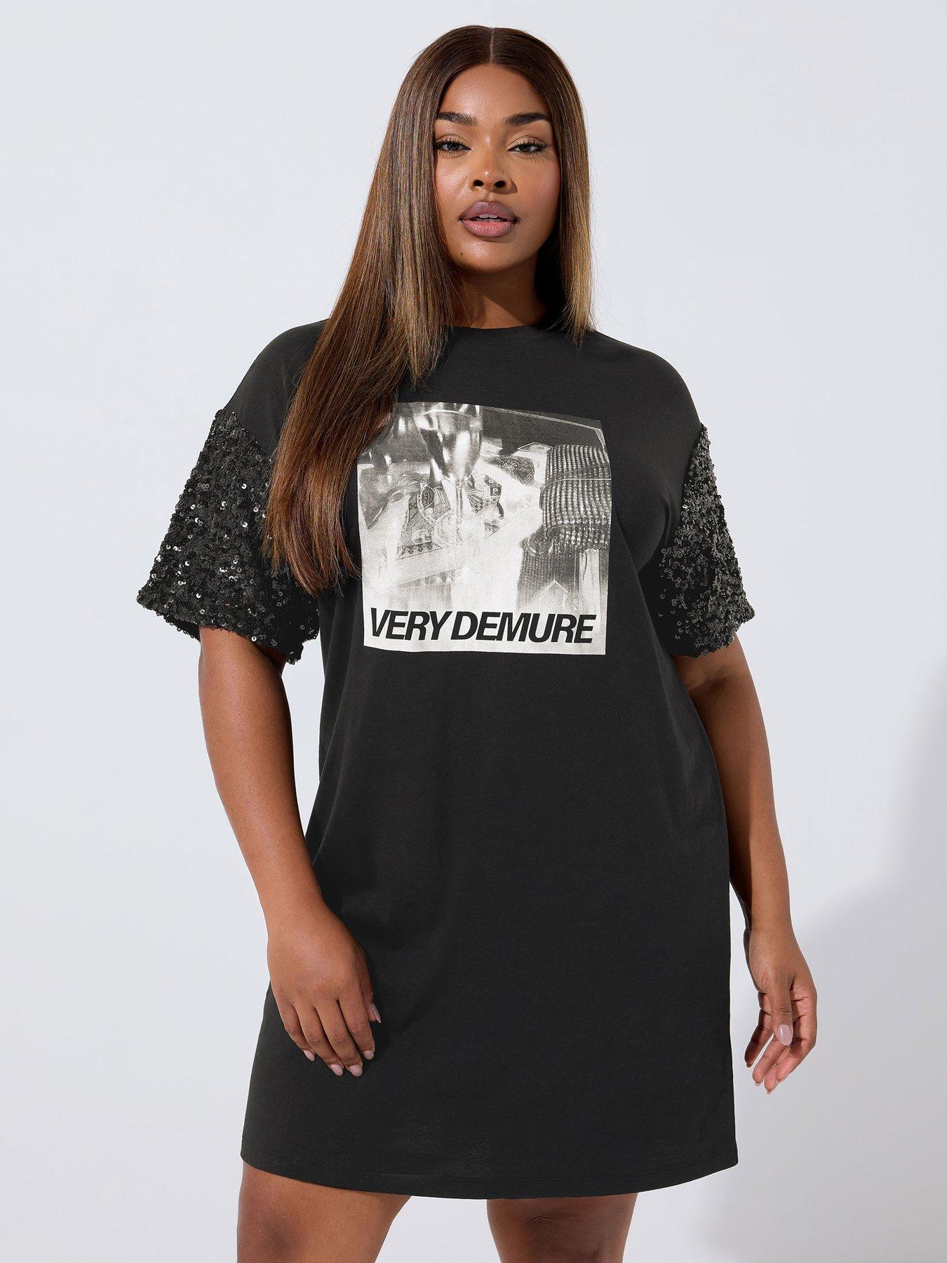 undefined Curve Sequin Sleeve Graphic Dress - Black