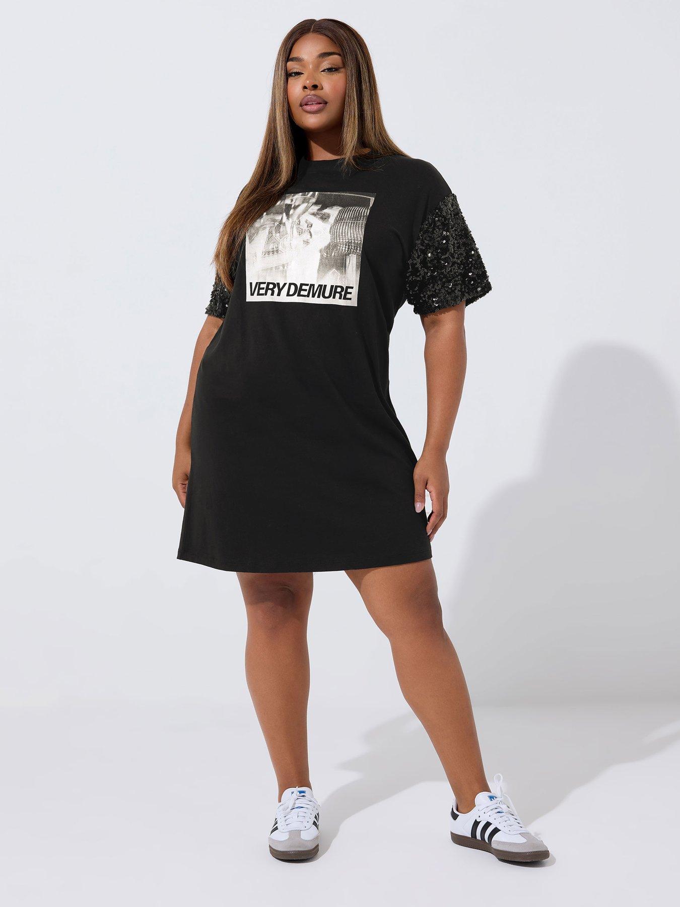Image 3 of 4 of Yours Curve Sequin Sleeve Graphic Dress - Black