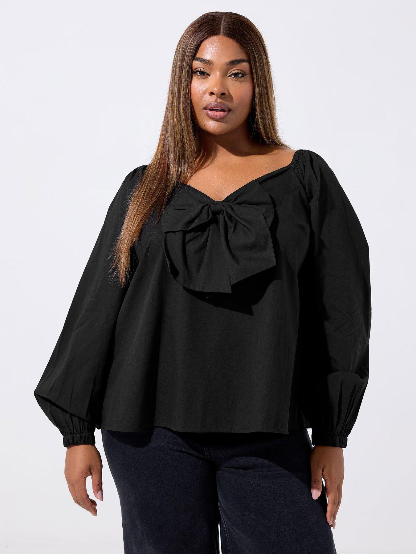 Image 1 of 4 of Yours Curve Poplin Bow Top - Black