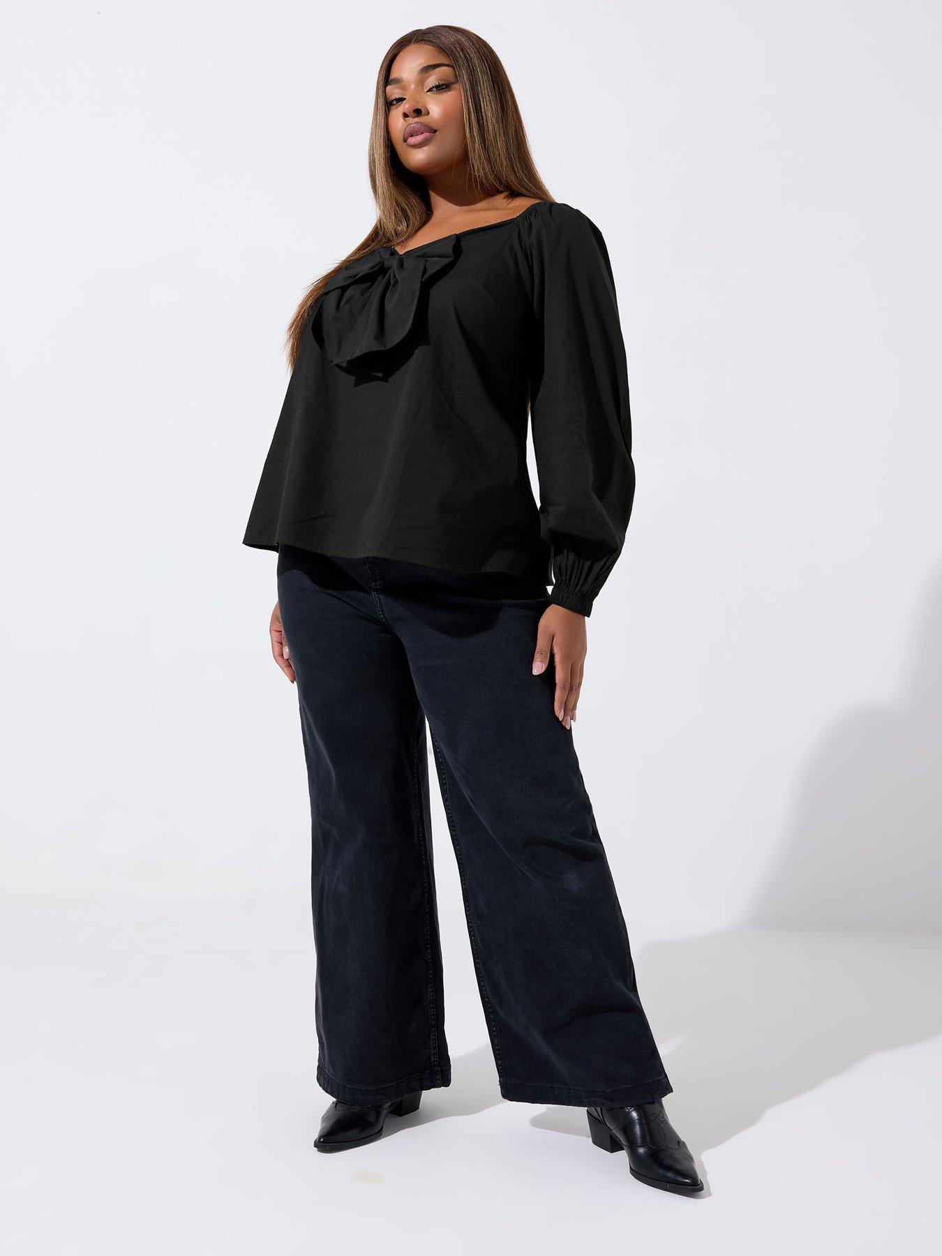 Image 3 of 4 of Yours Curve Poplin Bow Top - Black