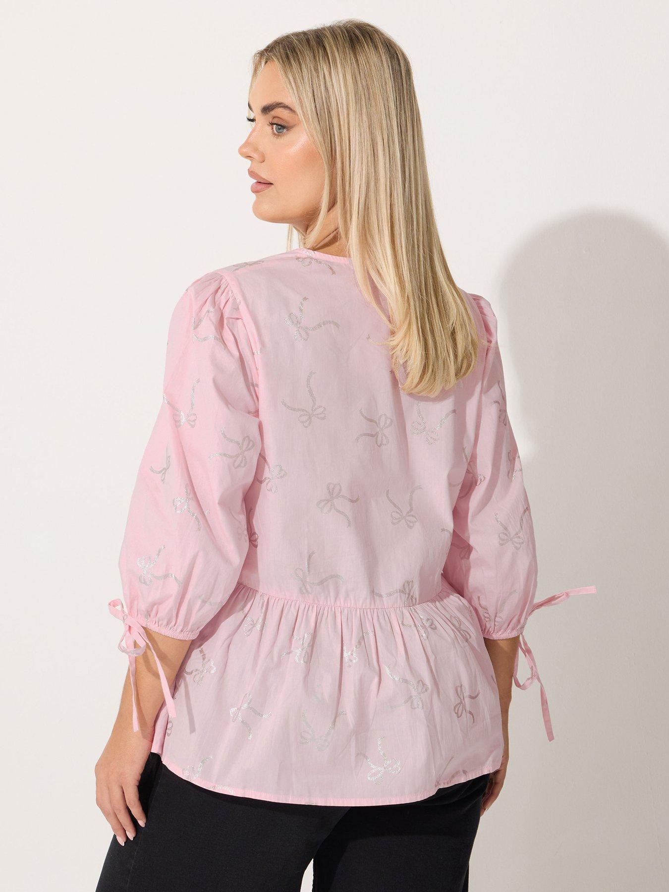 Image 2 of 4 of Yours Curve Metallic Bow Collar Top - Pink