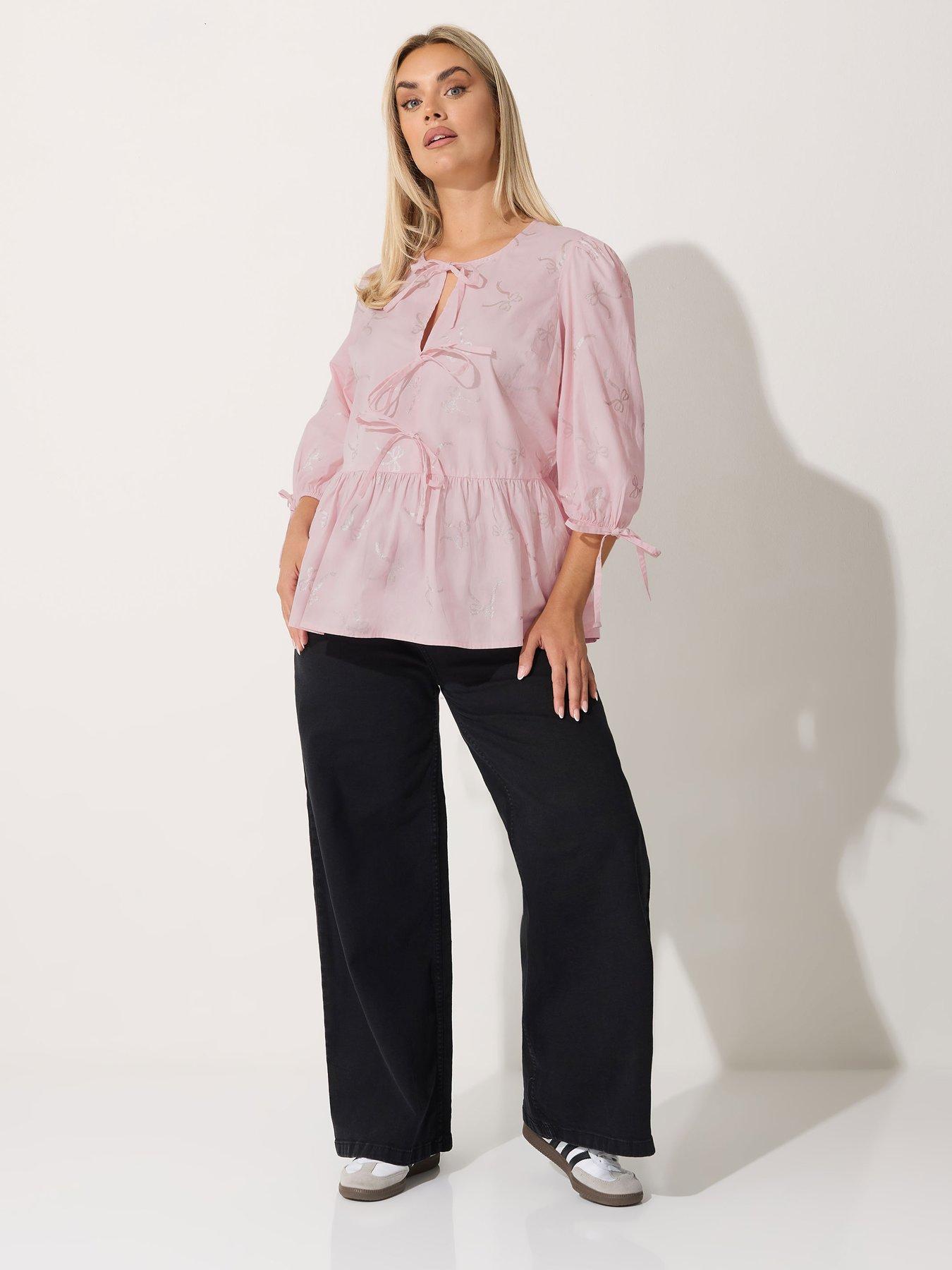 Image 3 of 4 of Yours Curve Metallic Bow Collar Top - Pink