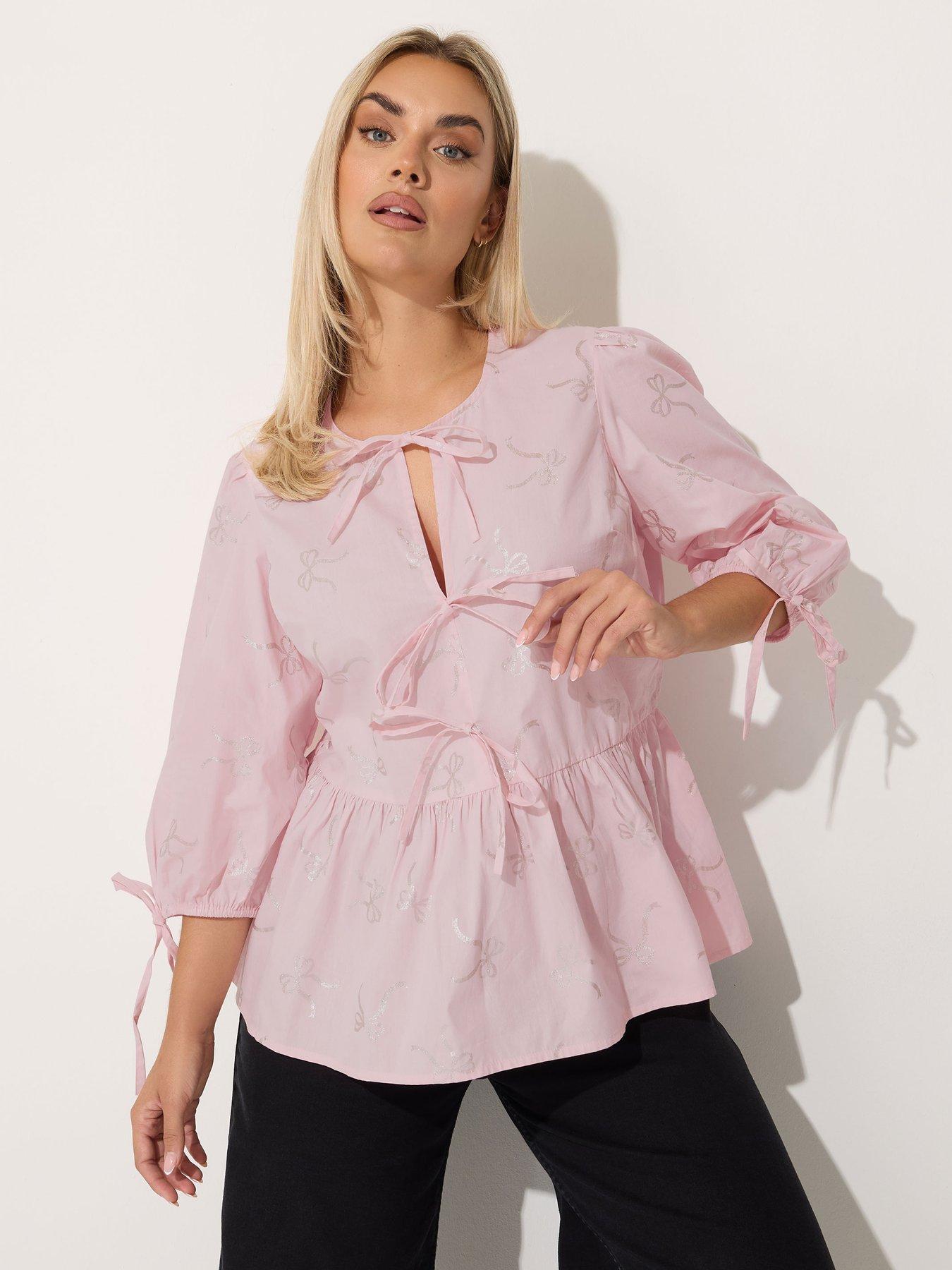 Image 4 of 4 of Yours Curve Metallic Bow Collar Top - Pink