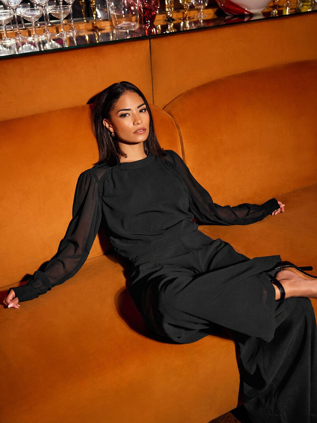 PixieGirl Petite Chiffon Long Sleeve Side Tie Top - Black