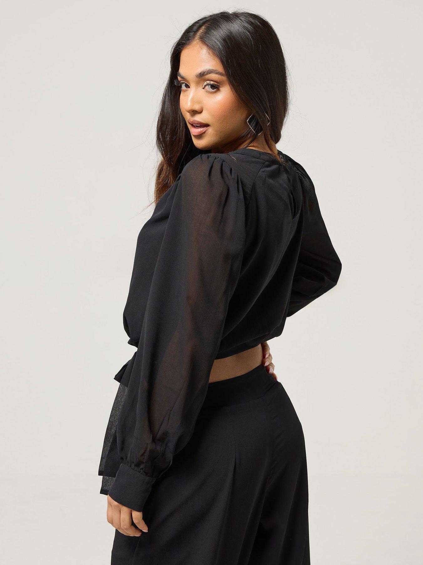 Image 2 of 4 of PixieGirl Petite Chiffon Long Sleeve Side Tie Top - Black