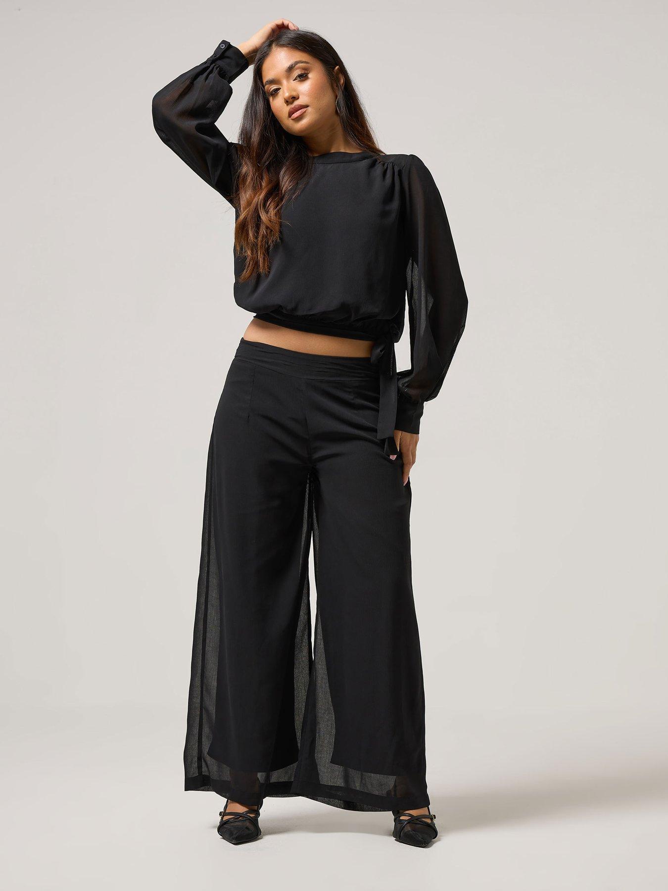 Image 3 of 4 of PixieGirl Petite Chiffon Long Sleeve Side Tie Top - Black