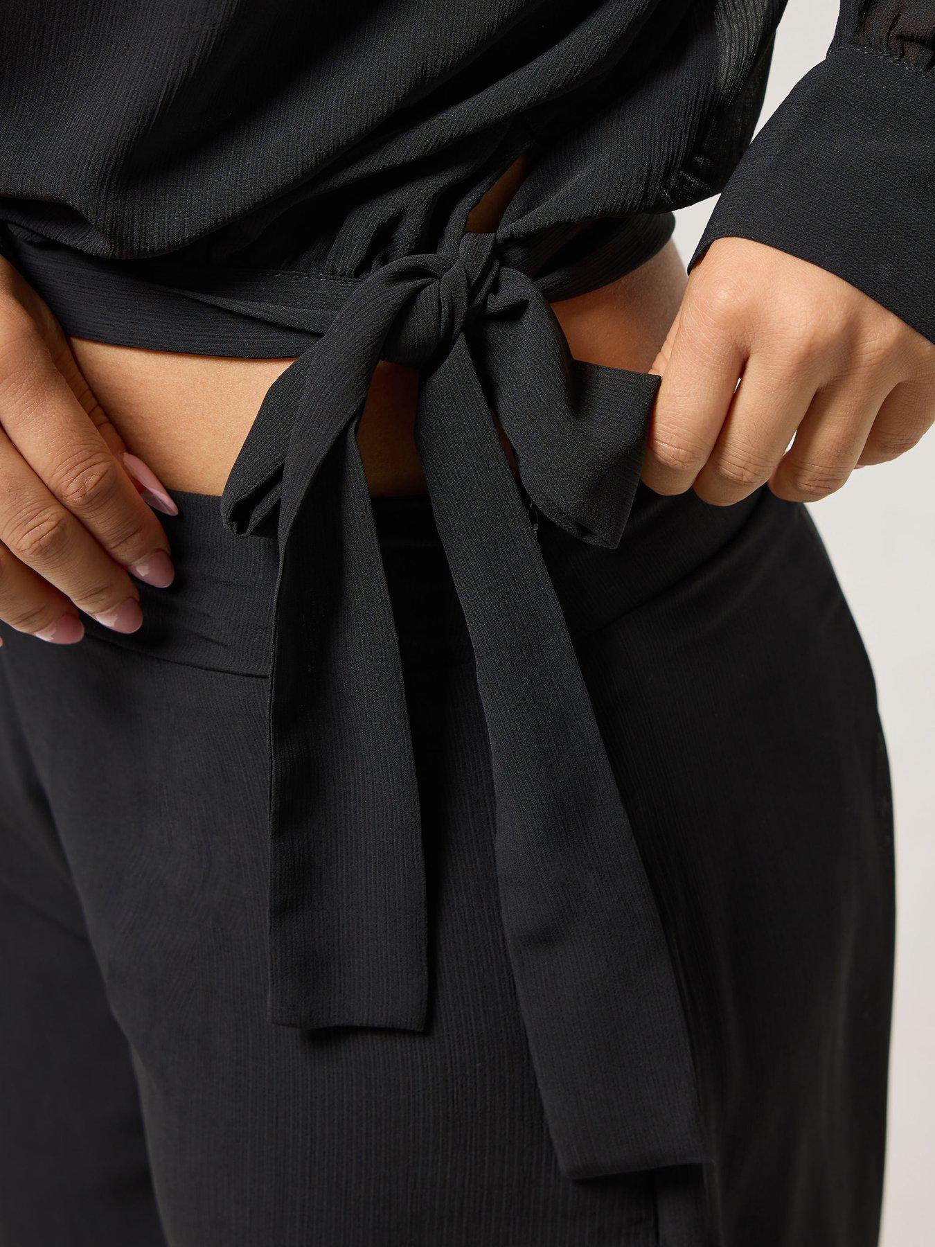 Image 4 of 4 of PixieGirl Petite Chiffon Long Sleeve Side Tie Top - Black