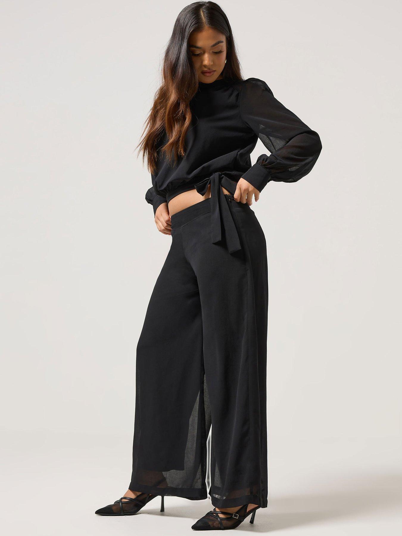 Image 3 of 4 of PixieGirl Petite Chiffon Palazzo Trouser - Black