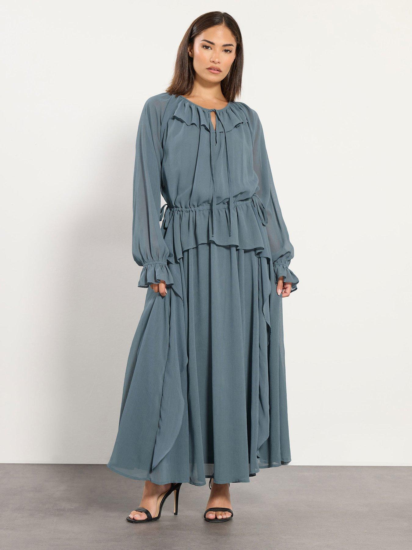 PixieGirl Petite Frill Tie Waist Dress - Blue