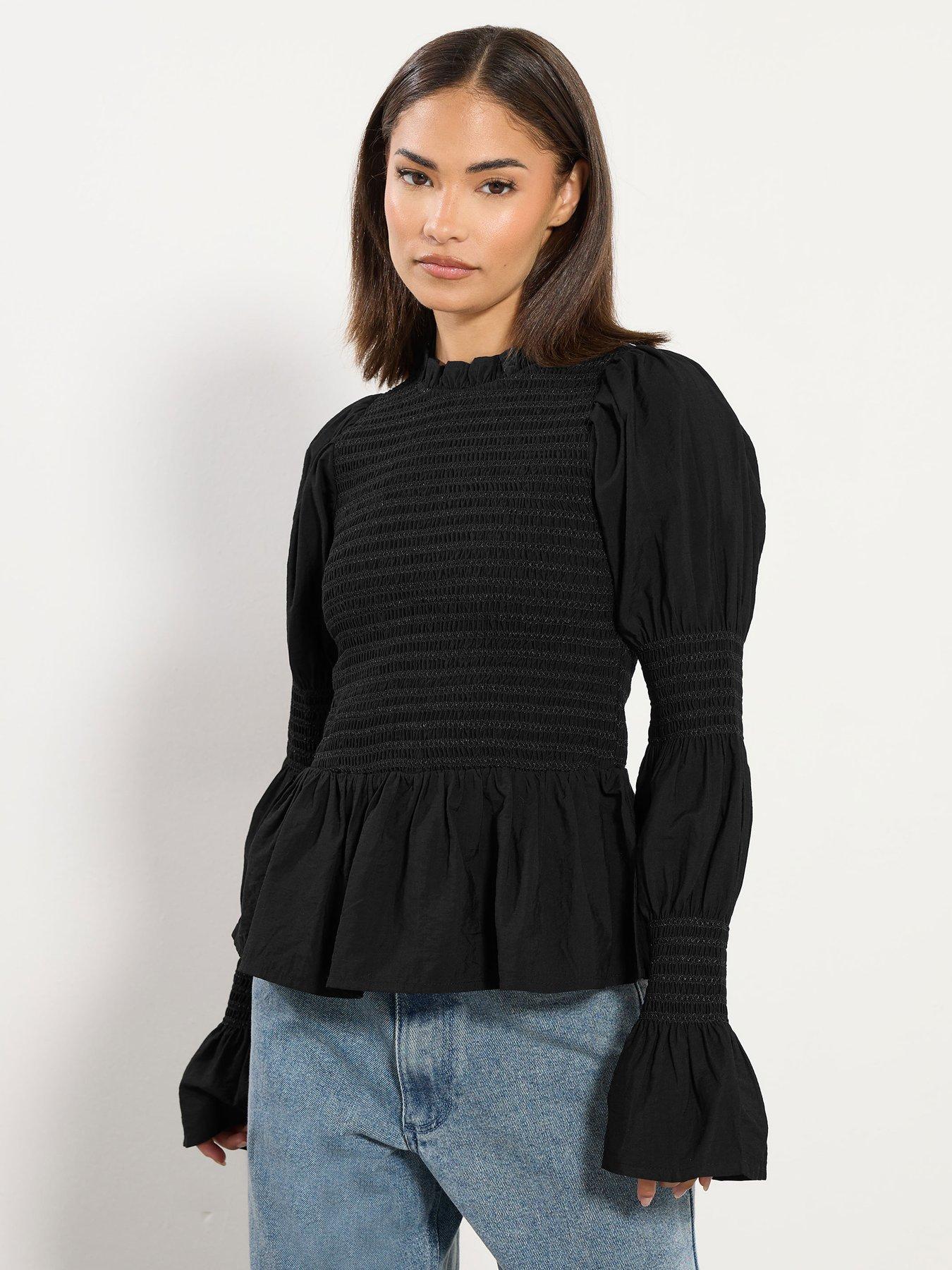 PixieGirl Petite Long Sleeve Shirred Top - Black