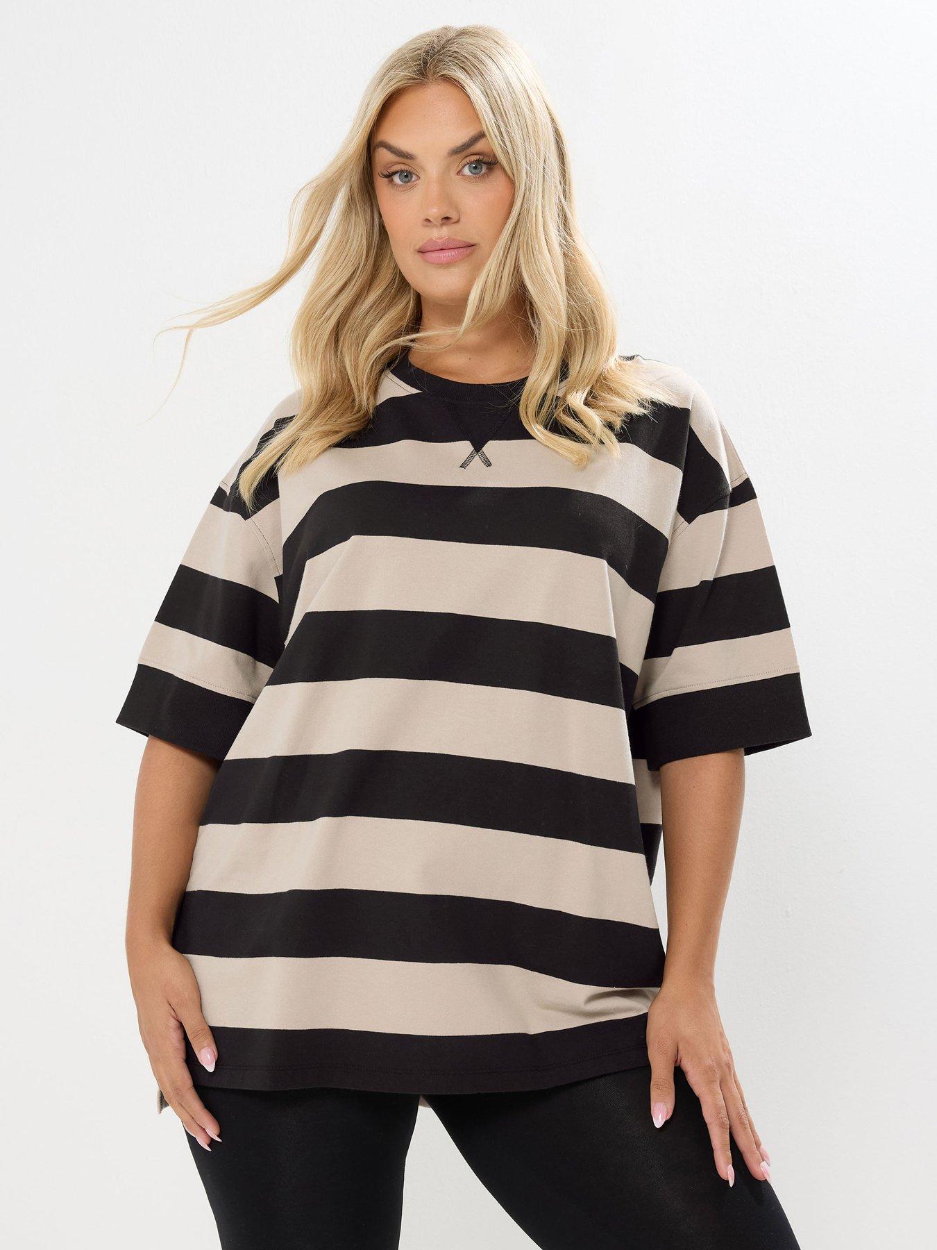 Image 1 of 5 of Yours Curve Ribbed Stripe T-Shirt - Black