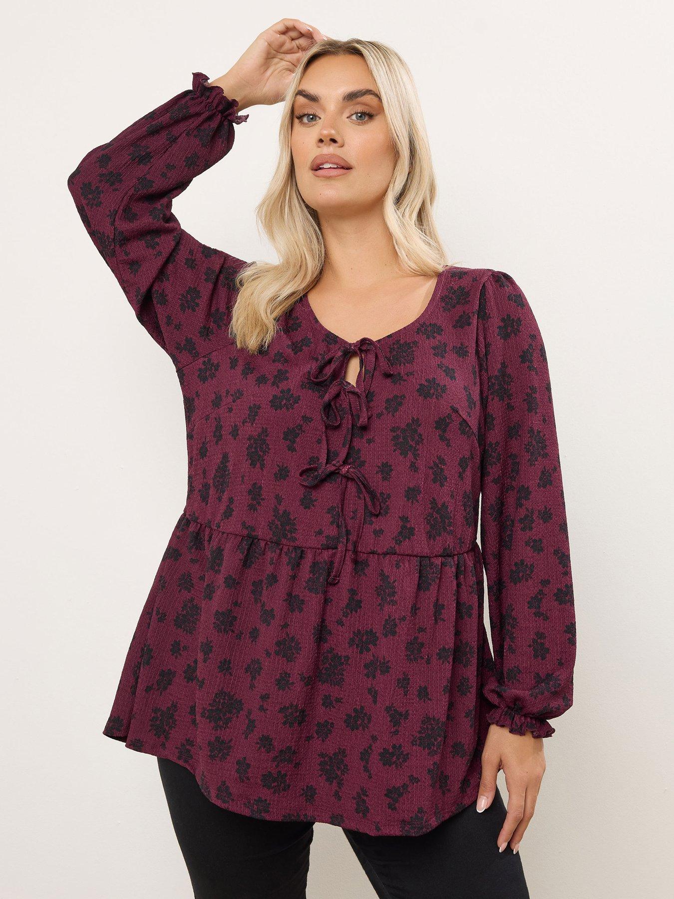 Yours Curve Long Sleeve Peplum Bow Top - Red